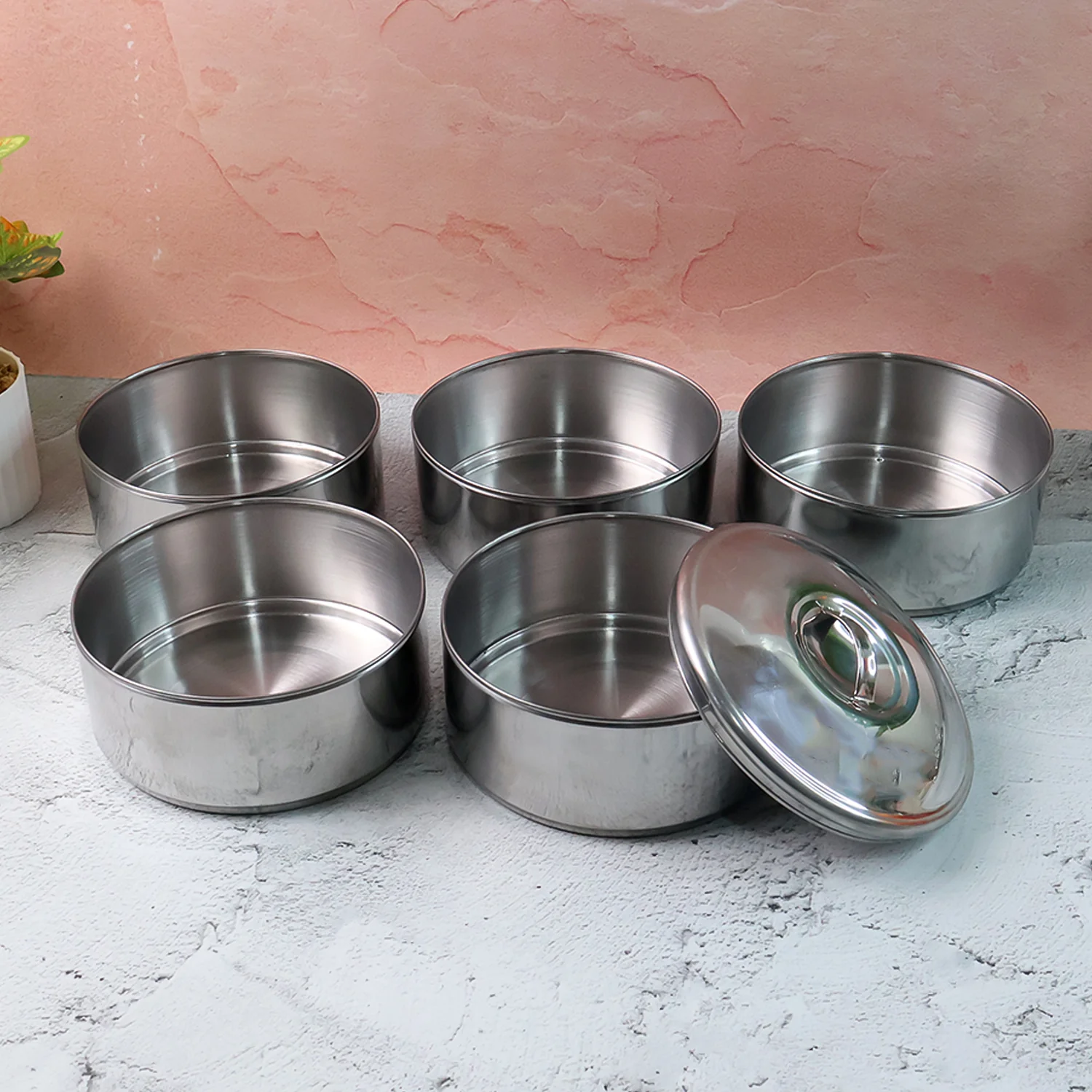 5 Compartment Lunch Box (Stainless Steel): Round Tiffin, Leakproof (16x5") - Image 3