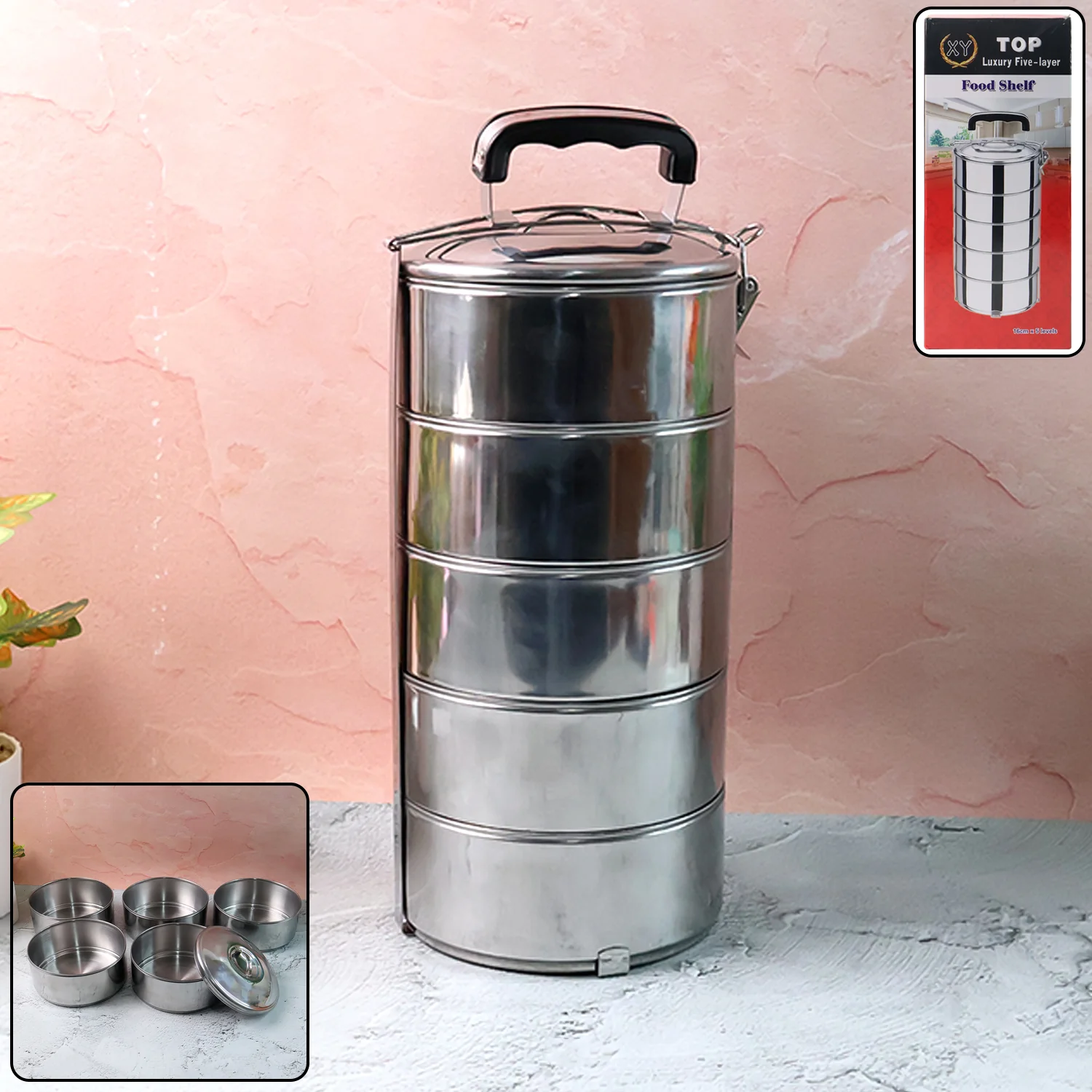 5 Compartment Lunch Box (Stainless Steel): Round Tiffin, Leakproof (16x5") - Image 7