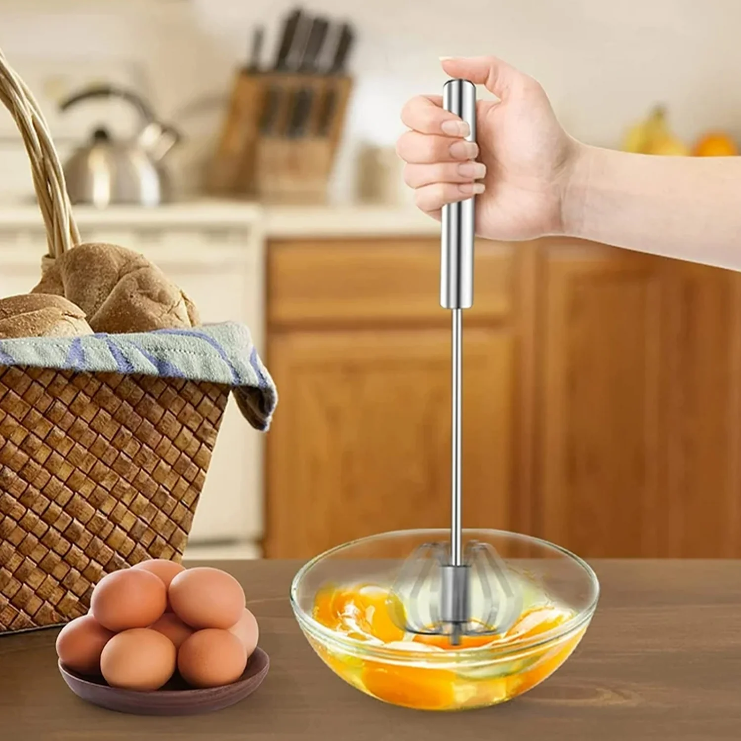 Big Stainless Steel Egg Whisk, Hand Push Rotary Whisk Blender (1 Pc / 35 Cm) - Image 9