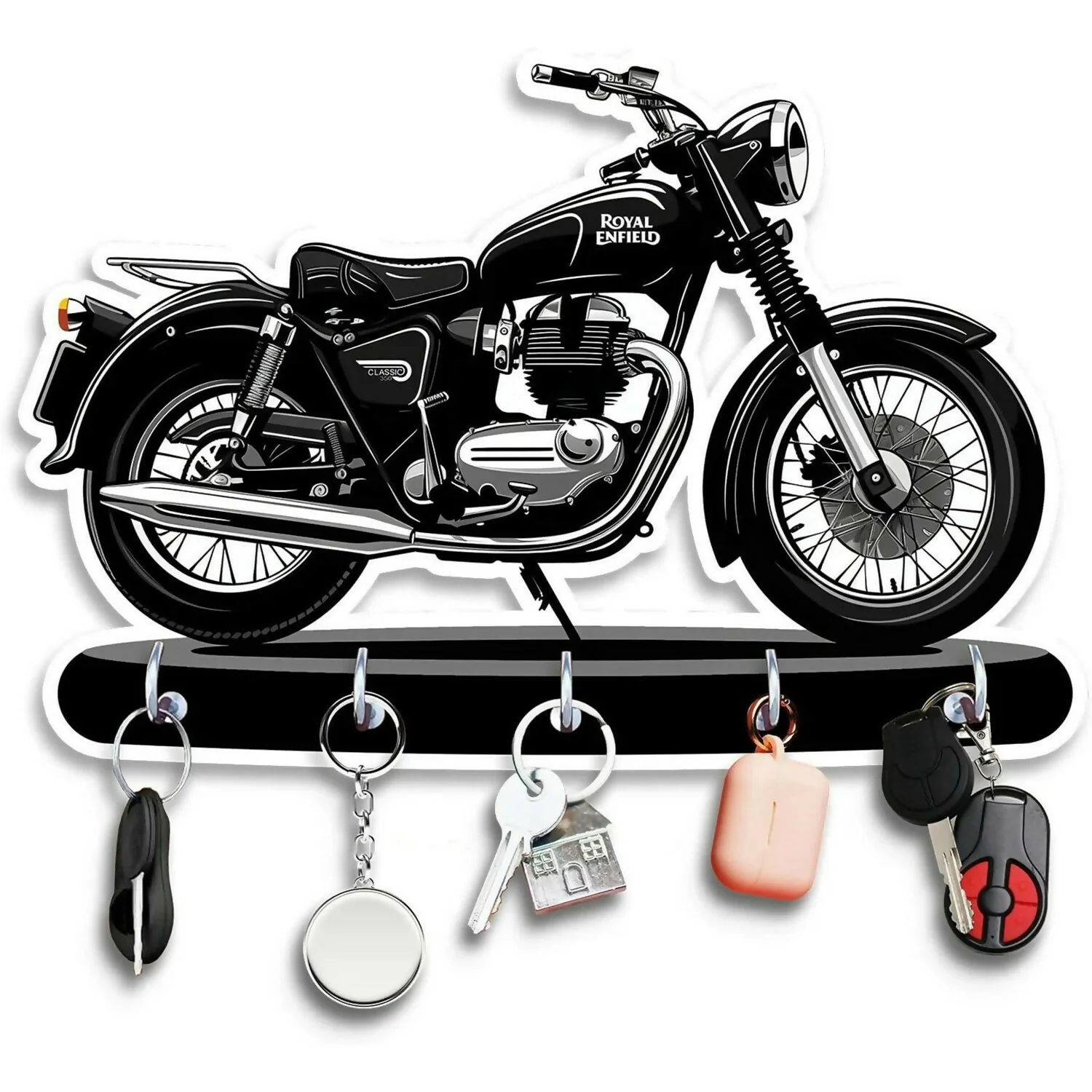 Bike Design Royal Enfield Style Wooden Key Holder with 5 Hooks - Image 3