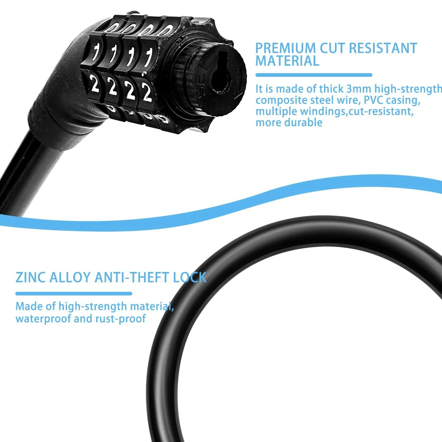 Bike Lock Cable Resettable Cable Lock - Self Coiling 4 Digit Combination Bike Lock - Image 5