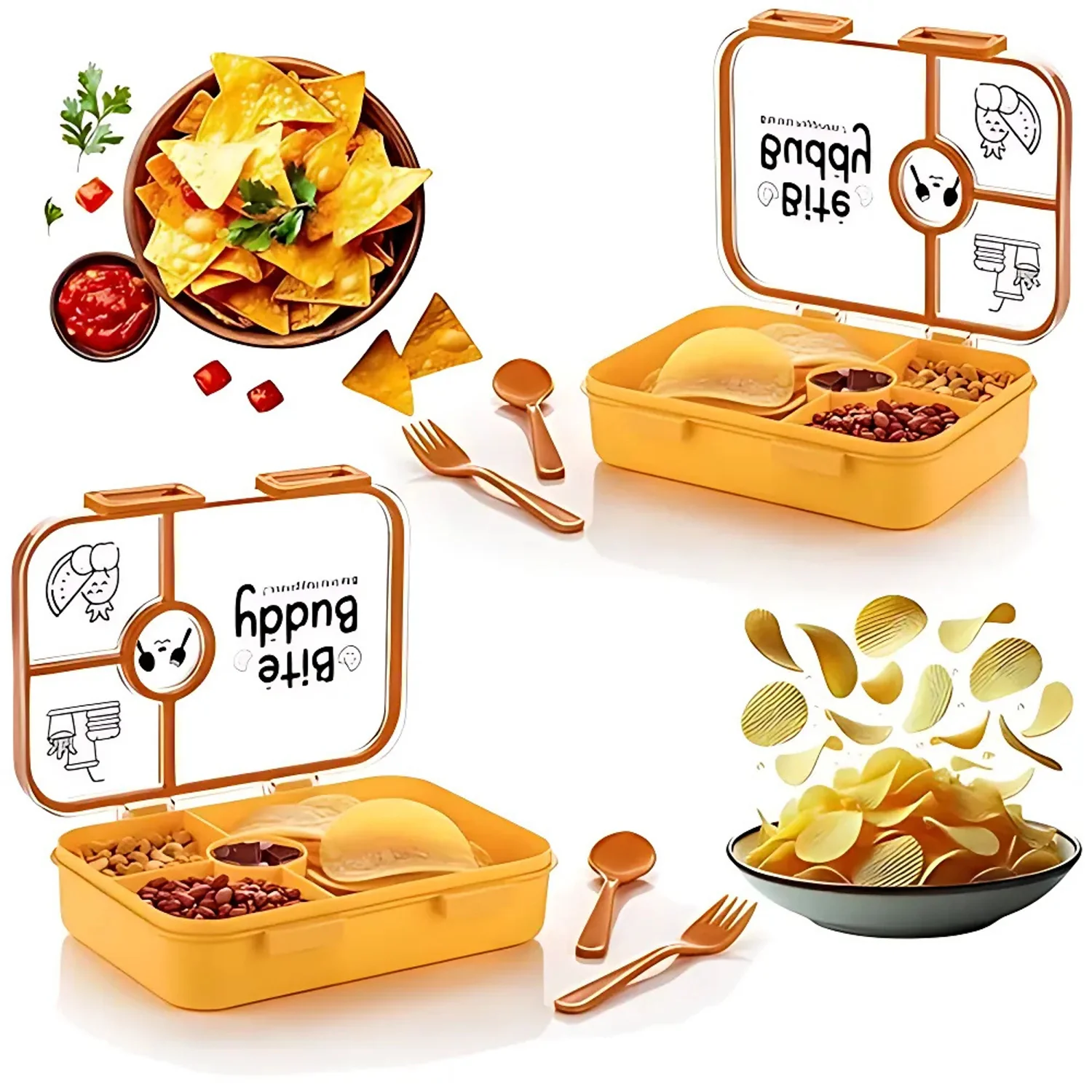 Bite Buddy 4-Compartment Leak-Resistant Plastic Lunch Box with Spoon & Fork - Image 3