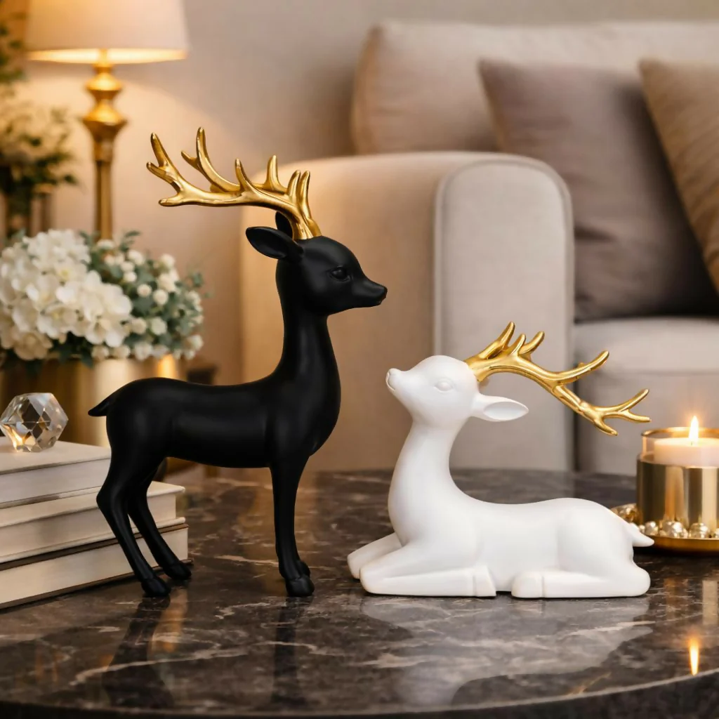 Black and White Deer Showpiece Set with Golden Antlers for Home Decor - Image 2