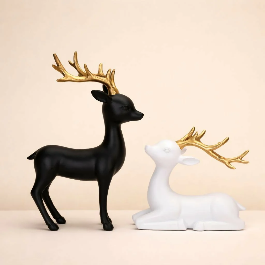 Black and White Deer Showpiece Set with Golden Antlers for Home Decor - Image 3