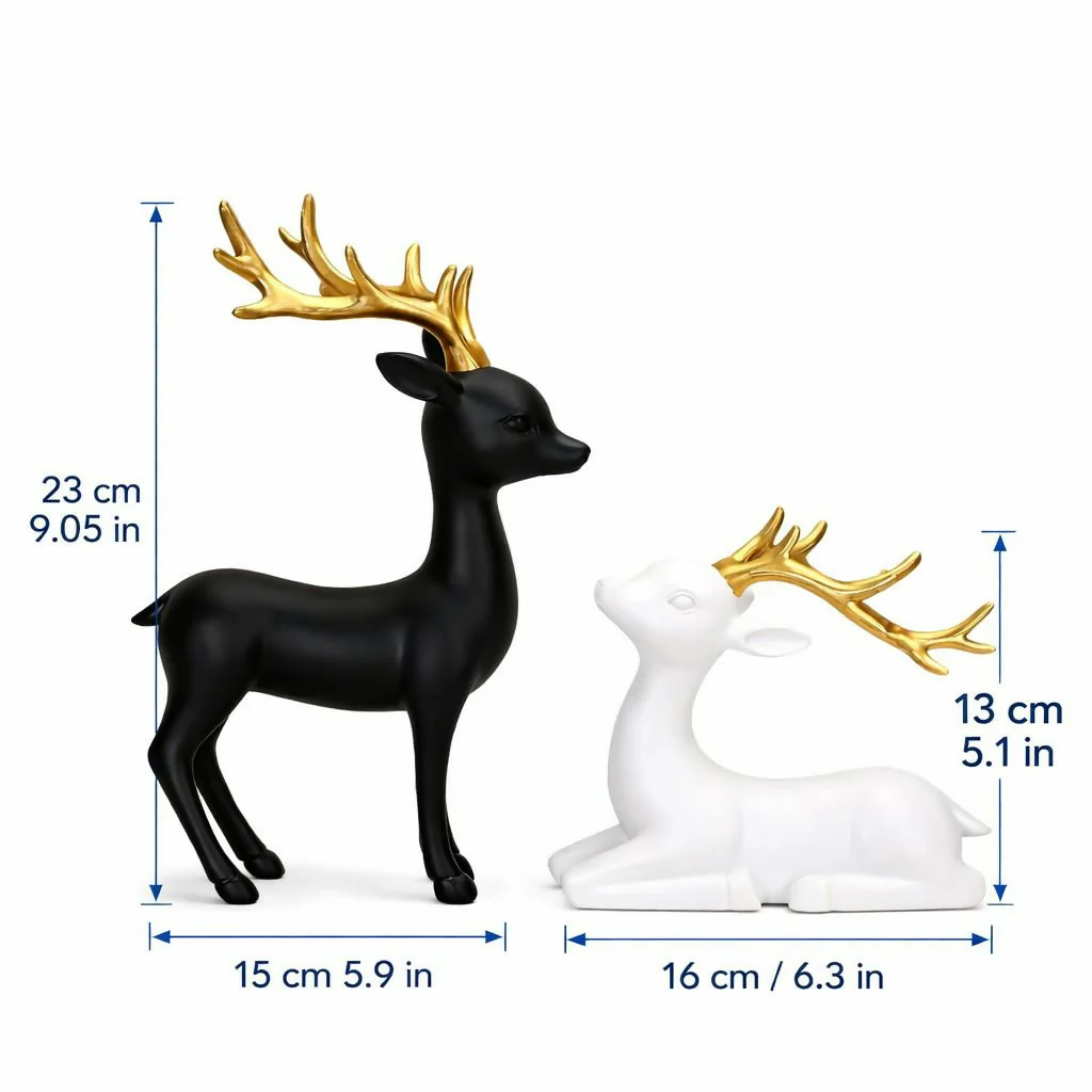 Black and White Deer Showpiece Set with Golden Antlers for Home Decor - Image 4