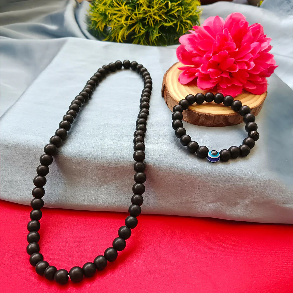 Black Beads Necklace & Evil Eye Bracelet Combo - Image 2