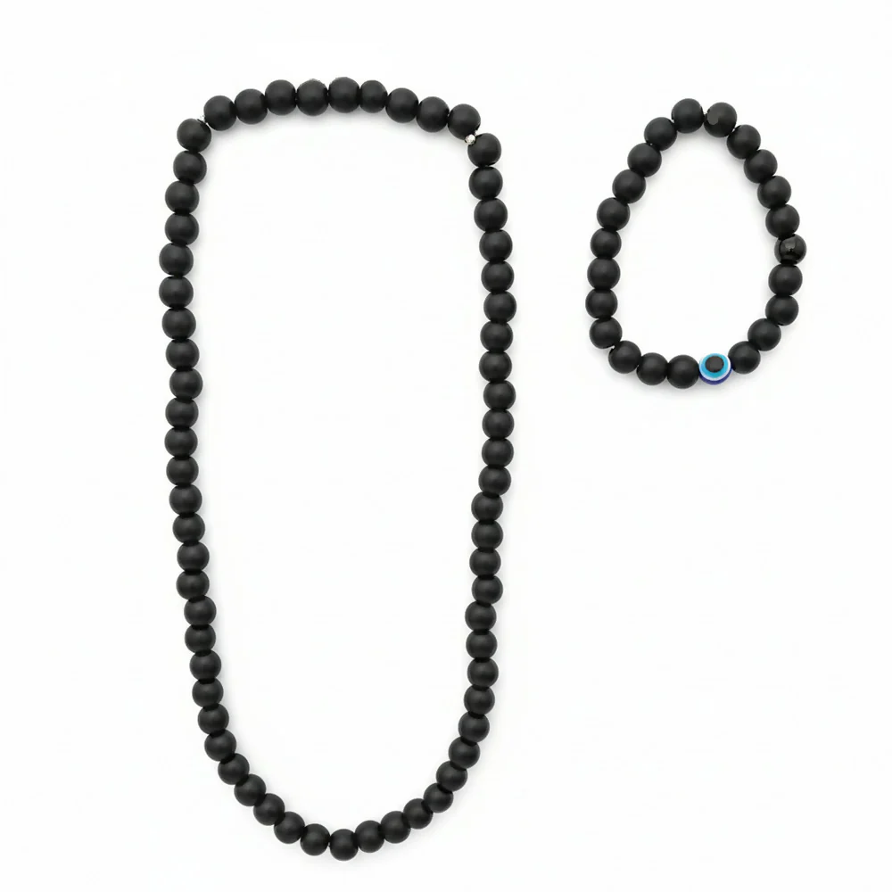 Black Beads Necklace & Evil Eye Bracelet Combo - Image 3