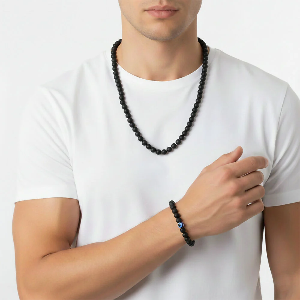 Black Beads Necklace & Evil Eye Bracelet Combo - Image 4