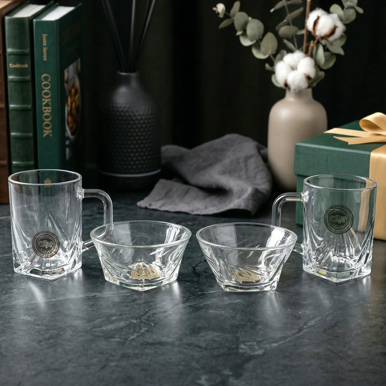 Black Berry 4-Piece Glassware Gift Set - 2 Elegant Coffee Mugs & 2 Crystal Snacks Bowls | Premium Transparent Crockery Set for Home & Gifting - Image 2