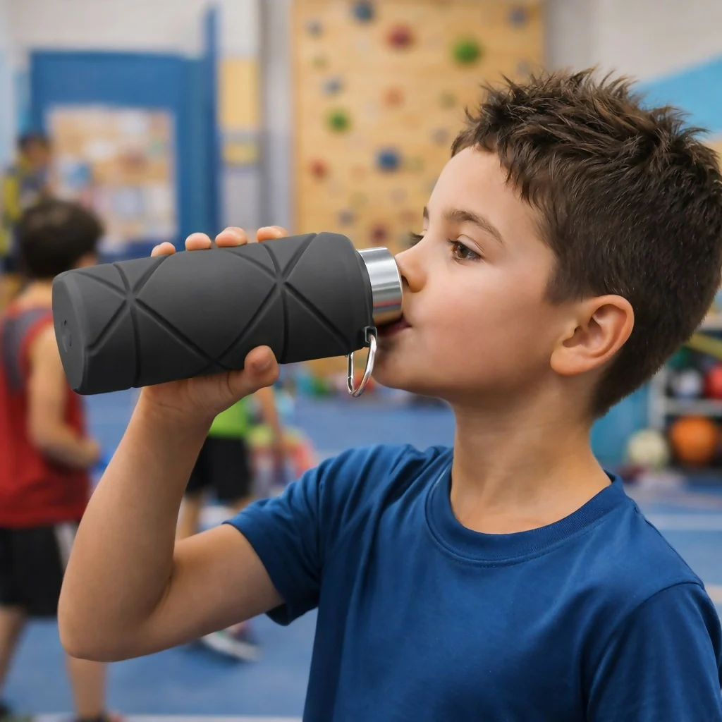 Black Collapsible Silicone Water Bottle 600ml Leakproof Travel - Image 2