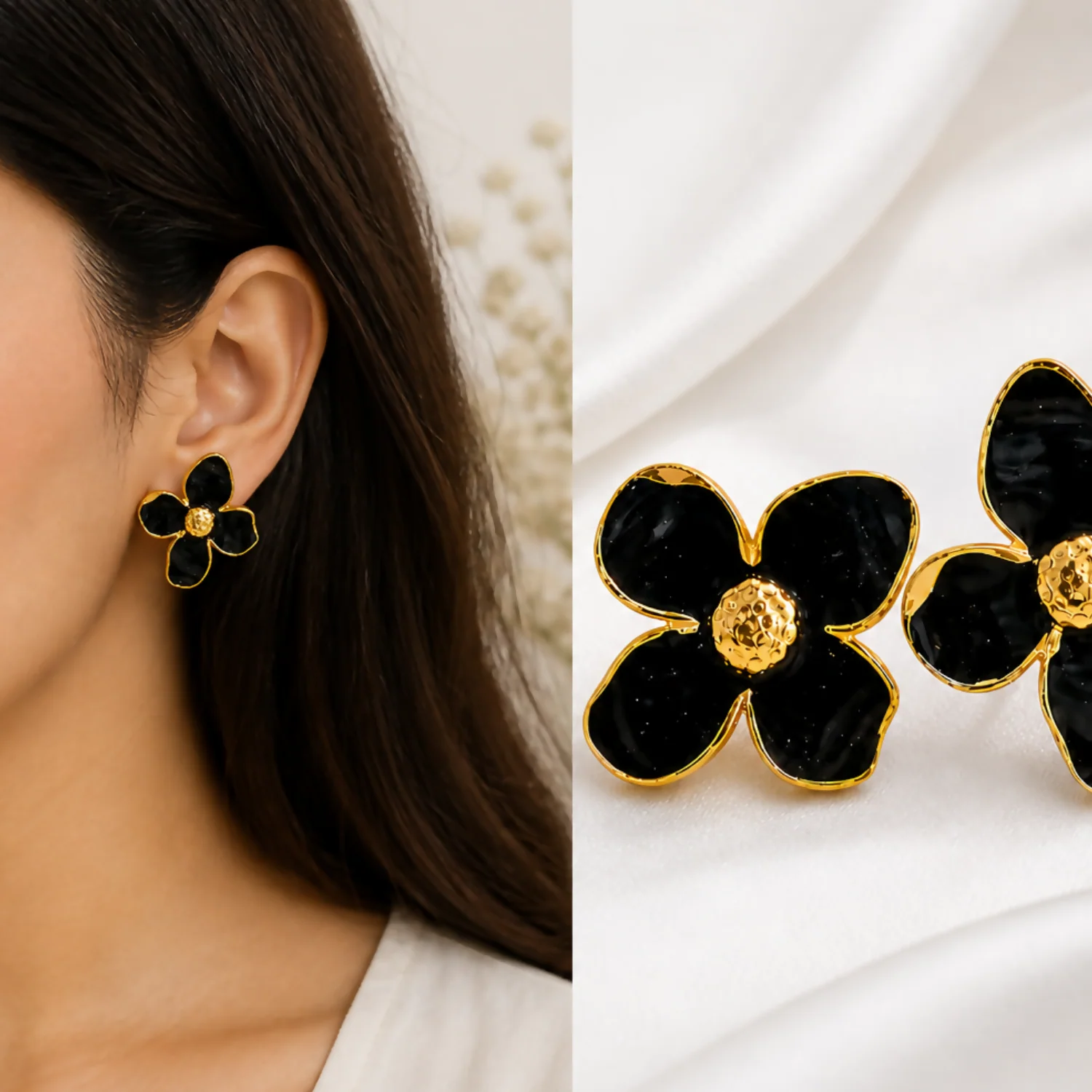 Black Floral Enamel Stud Earrings for Women Elegant Anti Tarnish Daily Wear - Image 5