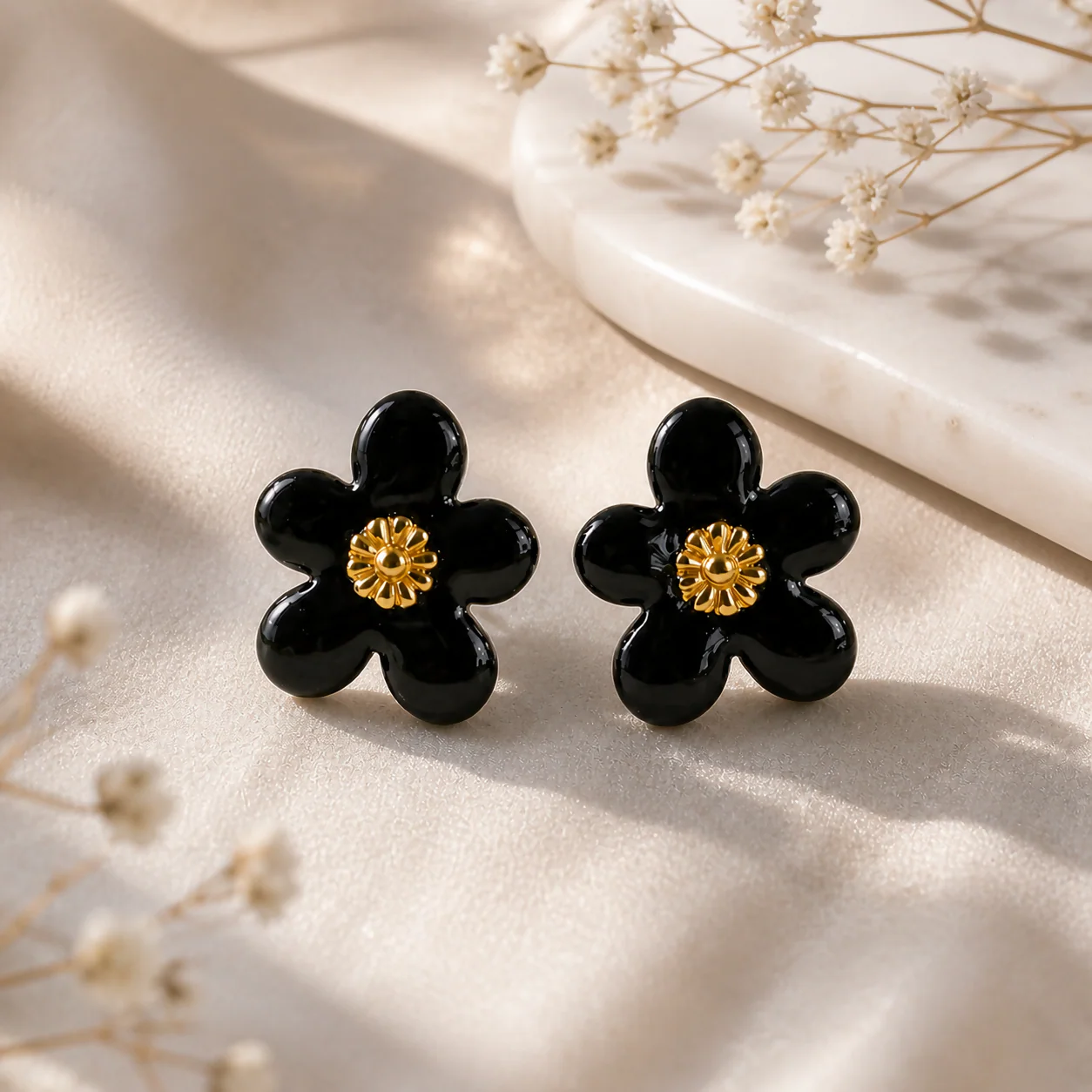 Black Floral Enamel Stud Earrings with Gold Center for Women Daily Wear Jewelry - Image 2