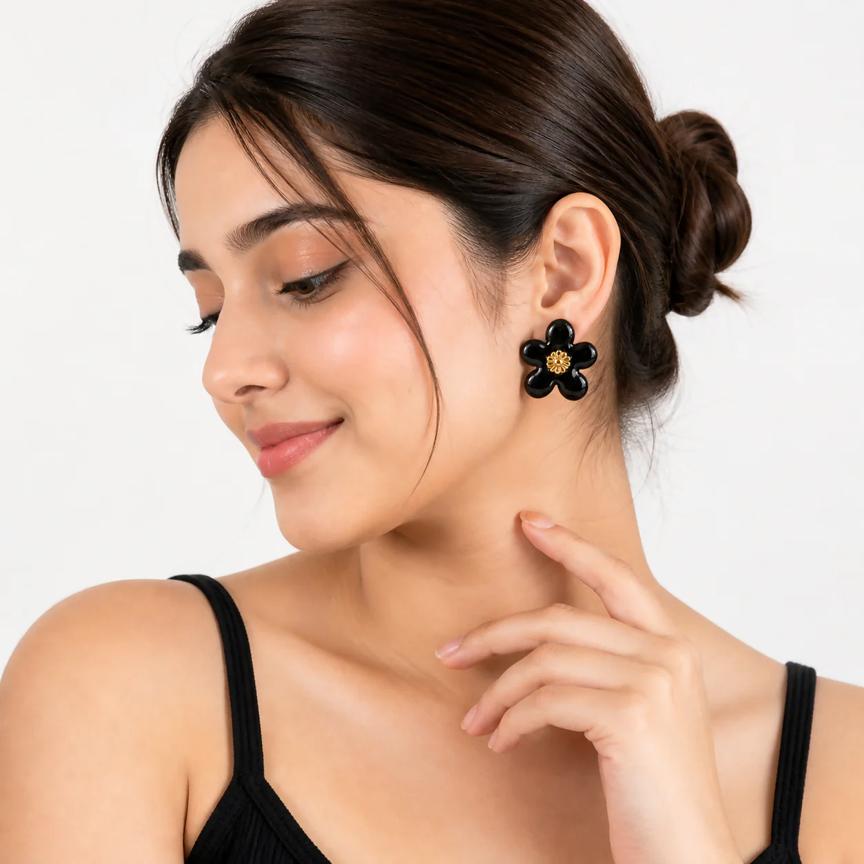 Black Floral Enamel Stud Earrings with Gold Center for Women Daily Wear Jewelry - Image 3