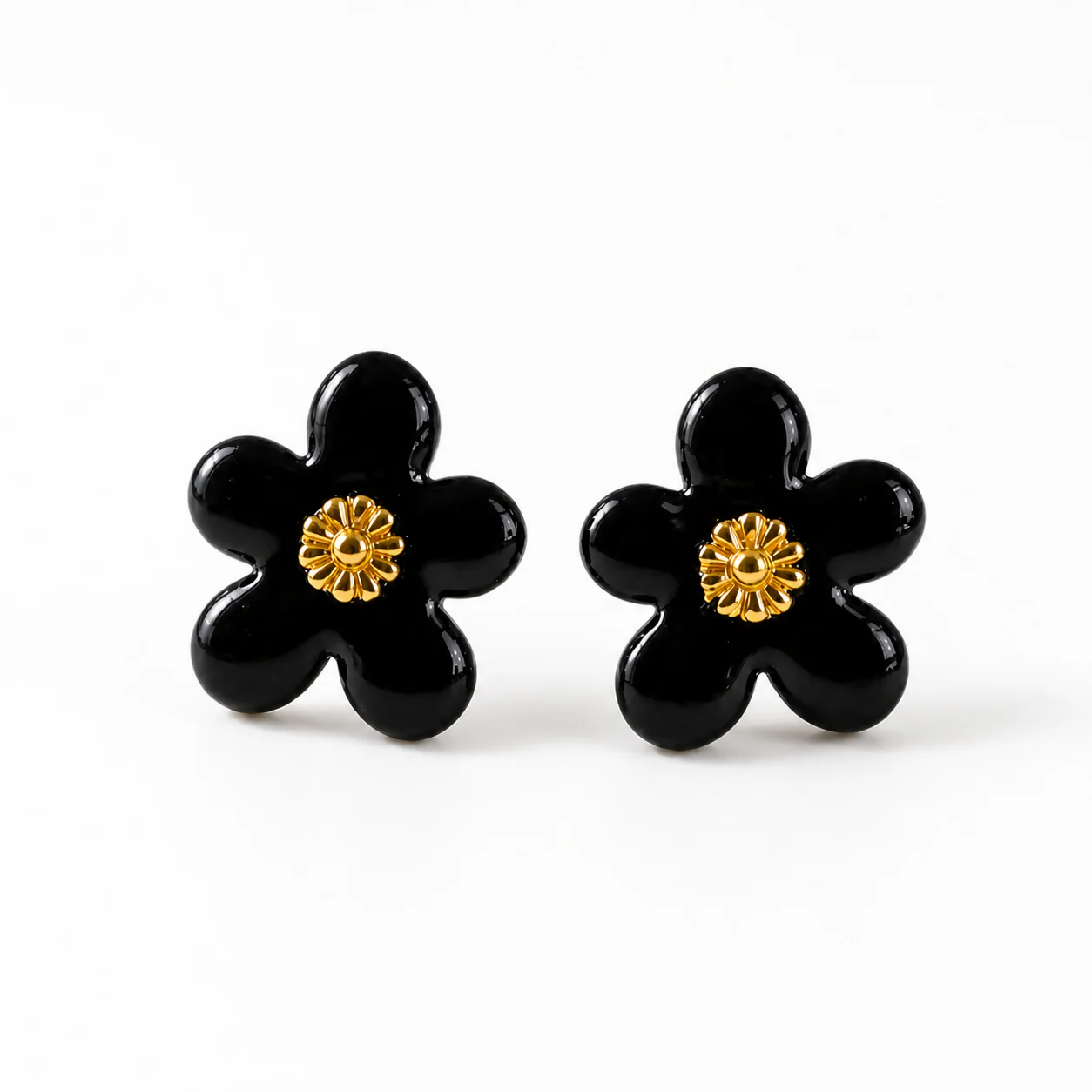 Black Floral Enamel Stud Earrings with Gold Center for Women Daily Wear Jewelry - Image 4