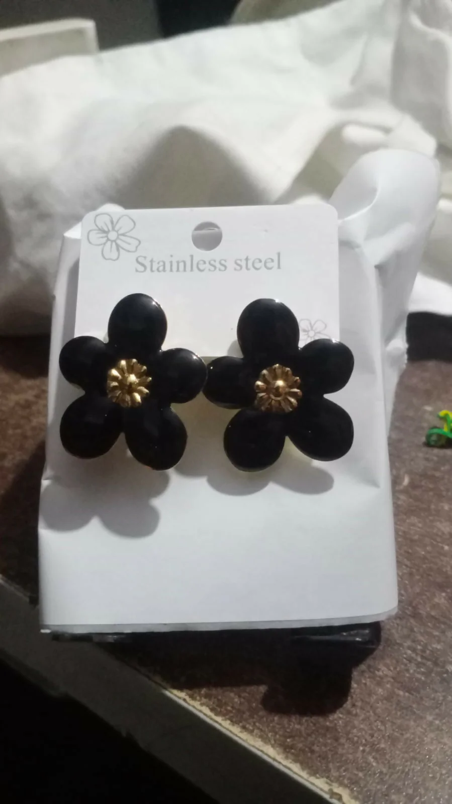 Black Floral Enamel Stud Earrings with Gold Center for Women Daily Wear Jewelry - Image 5