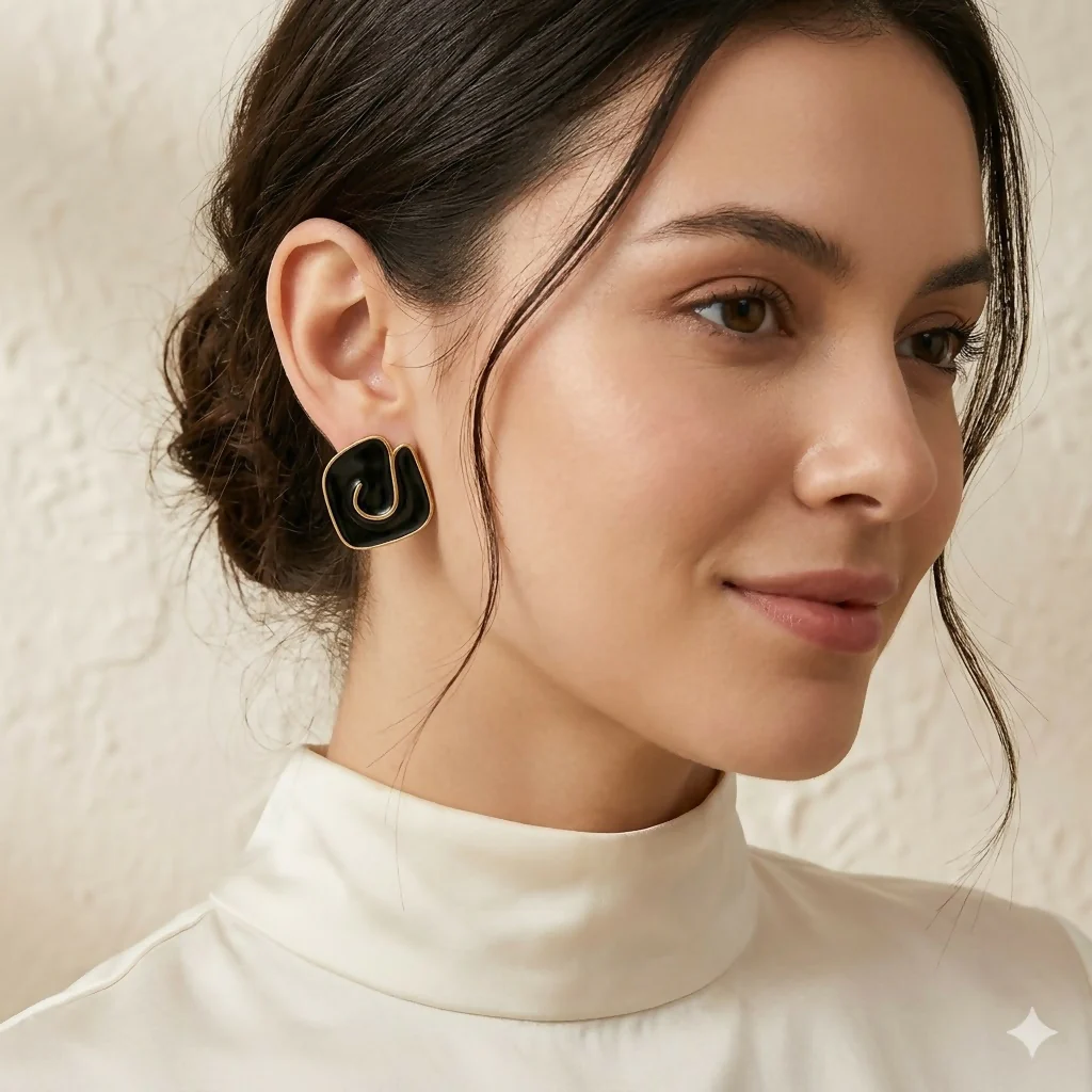 Black Geometric Enamel Stud Earrings for Women Trendy Daily Wear Jewelry - Image 3