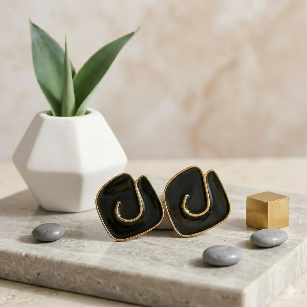Black Geometric Enamel Stud Earrings for Women Trendy Daily Wear Jewelry - Image 4
