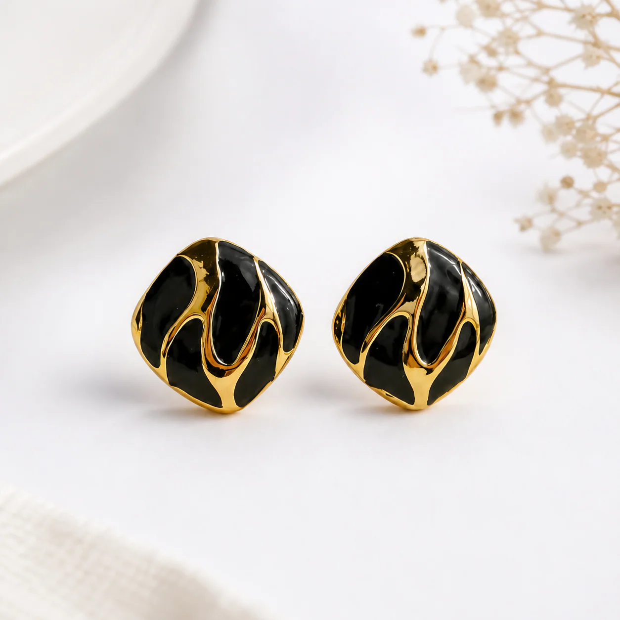 Black & Gold Abstract Enamel Stud Earrings for Women Trendy Daily Wear - Image 2