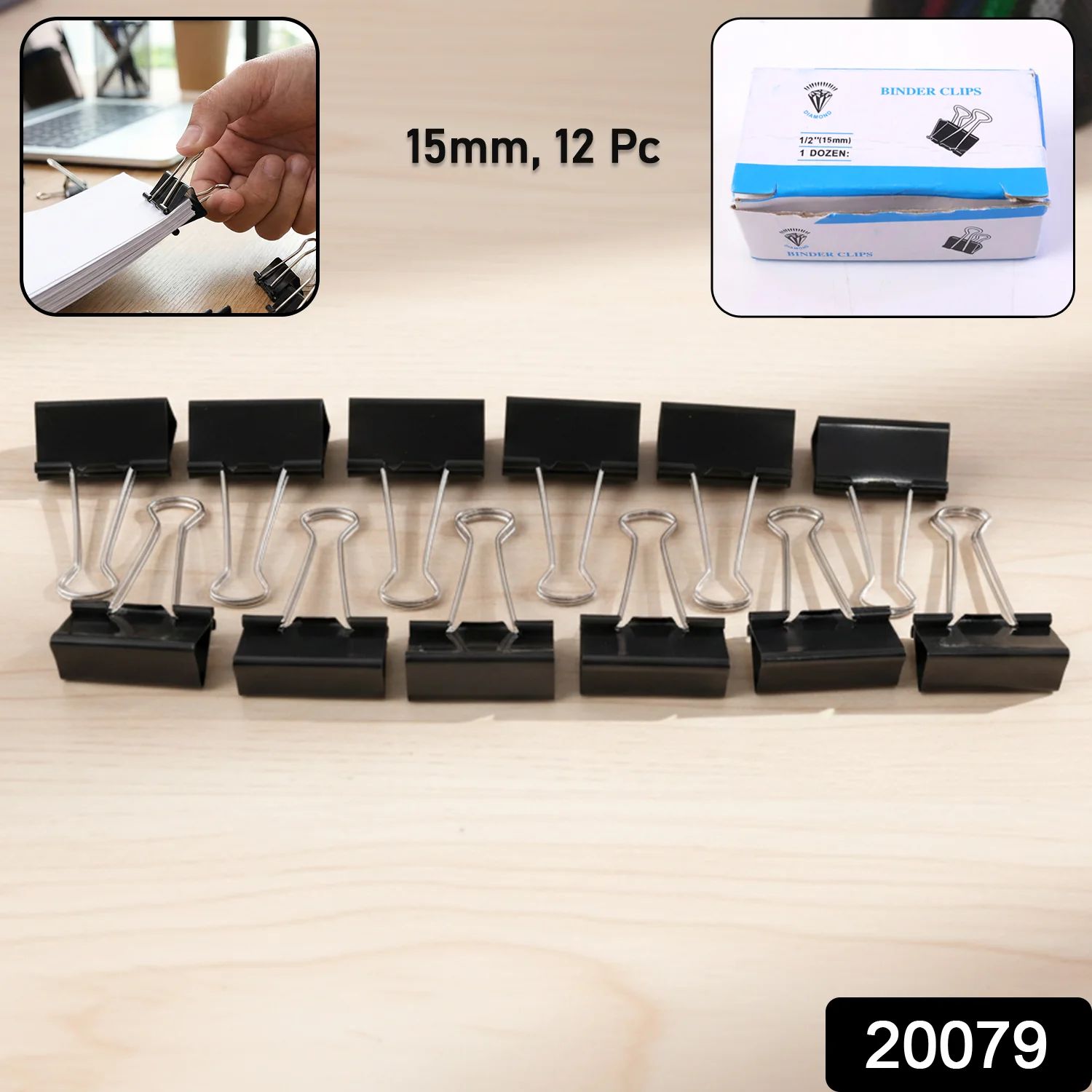 Black Metal Binder Clips (15 MM, 12 Pieces Set) - Image 2