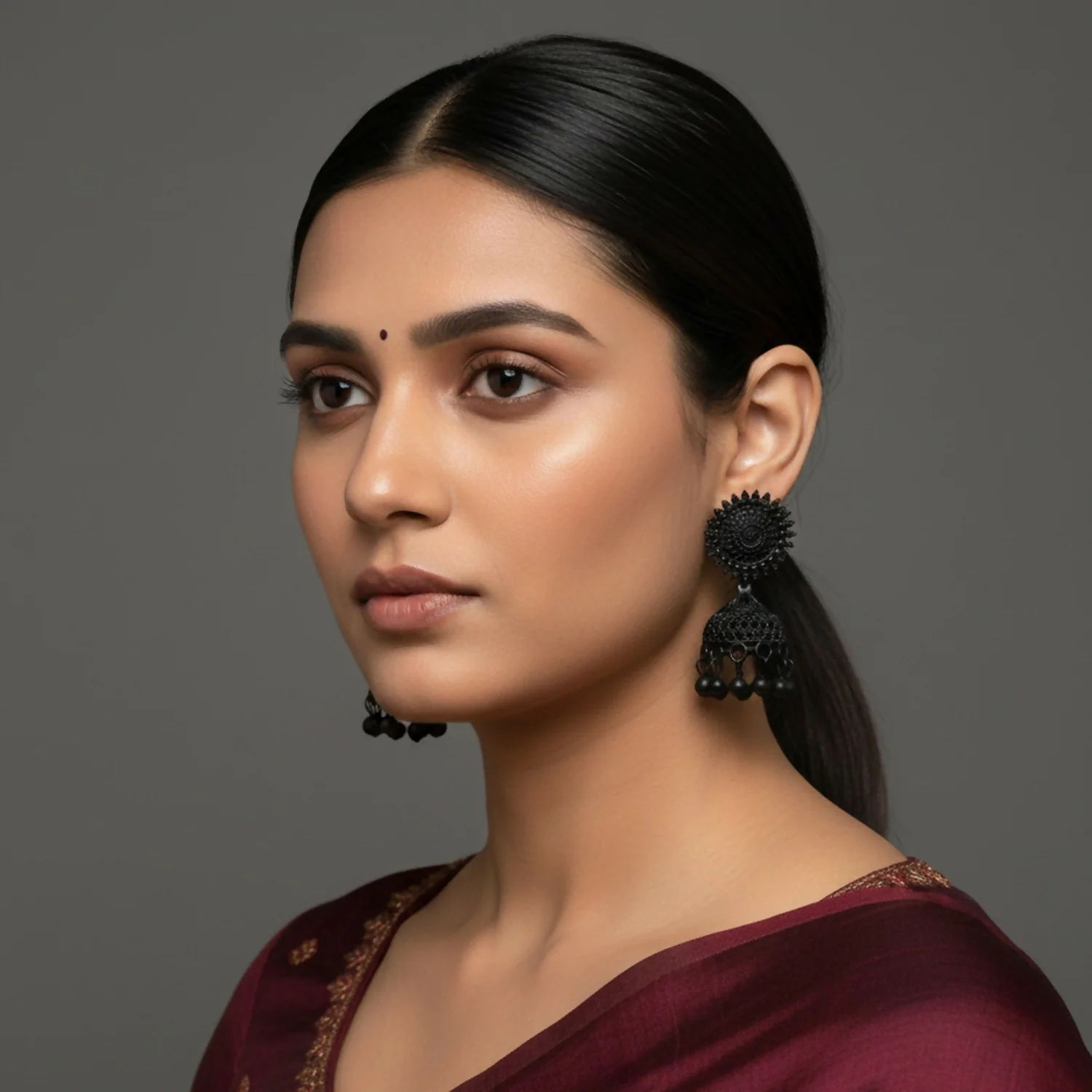 Black Oxidised Jhumka Earings - Image 2