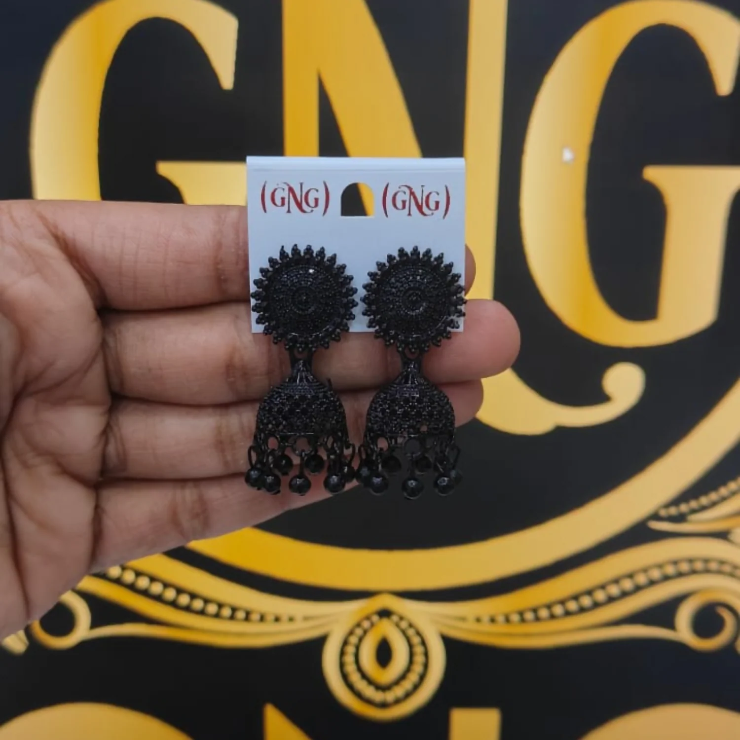 Black Oxidised Jhumka Earings - Image 4