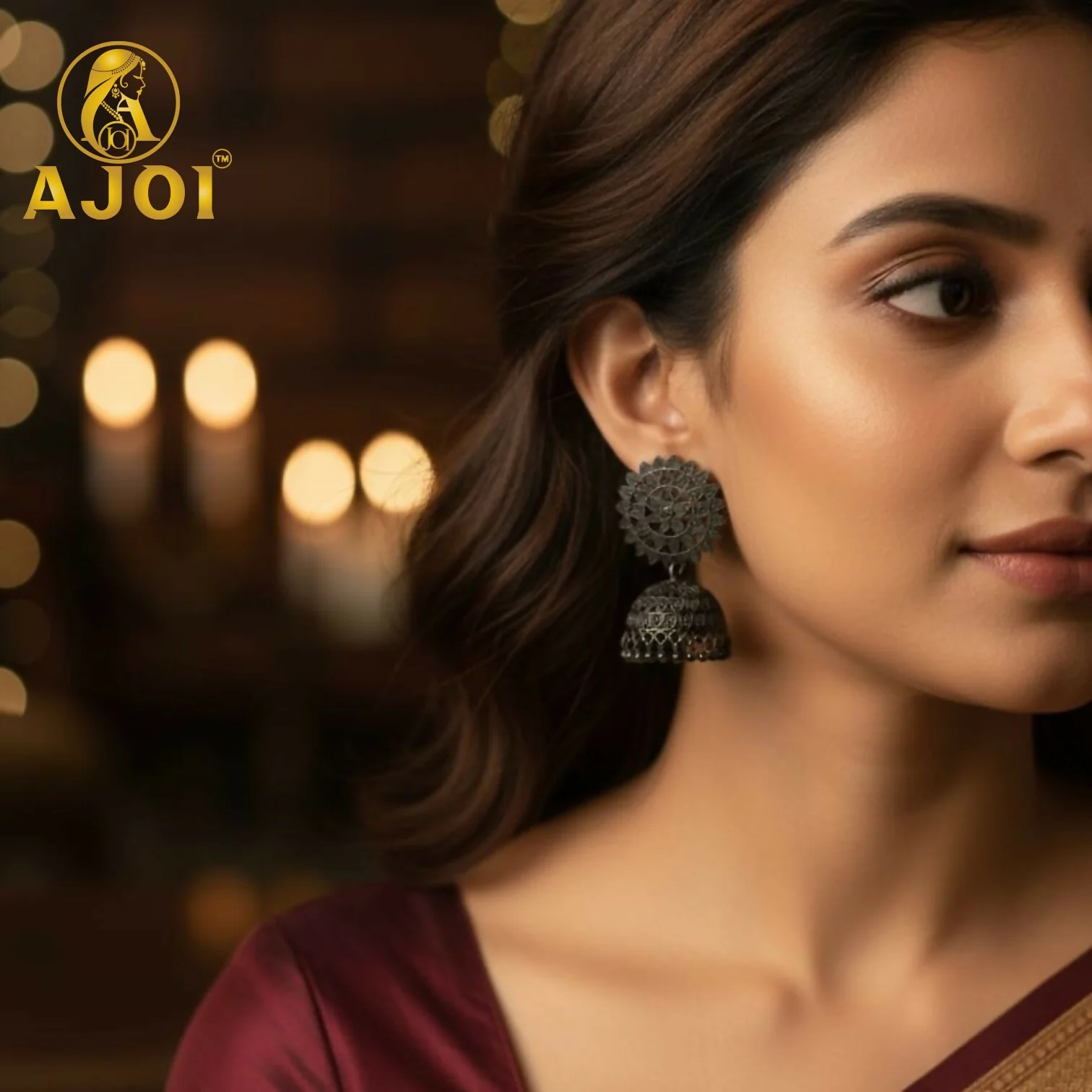 Black Oxidized Floral Earrings - Image 2