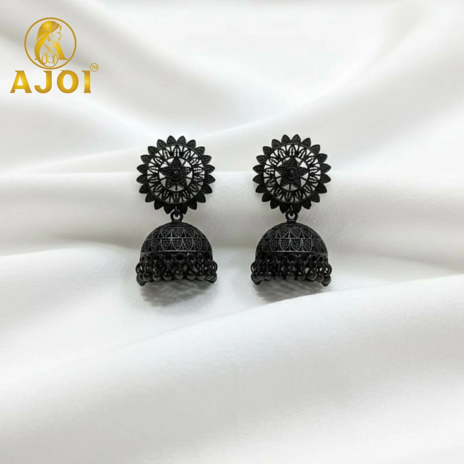 Black Oxidized Floral Earrings - Image 3