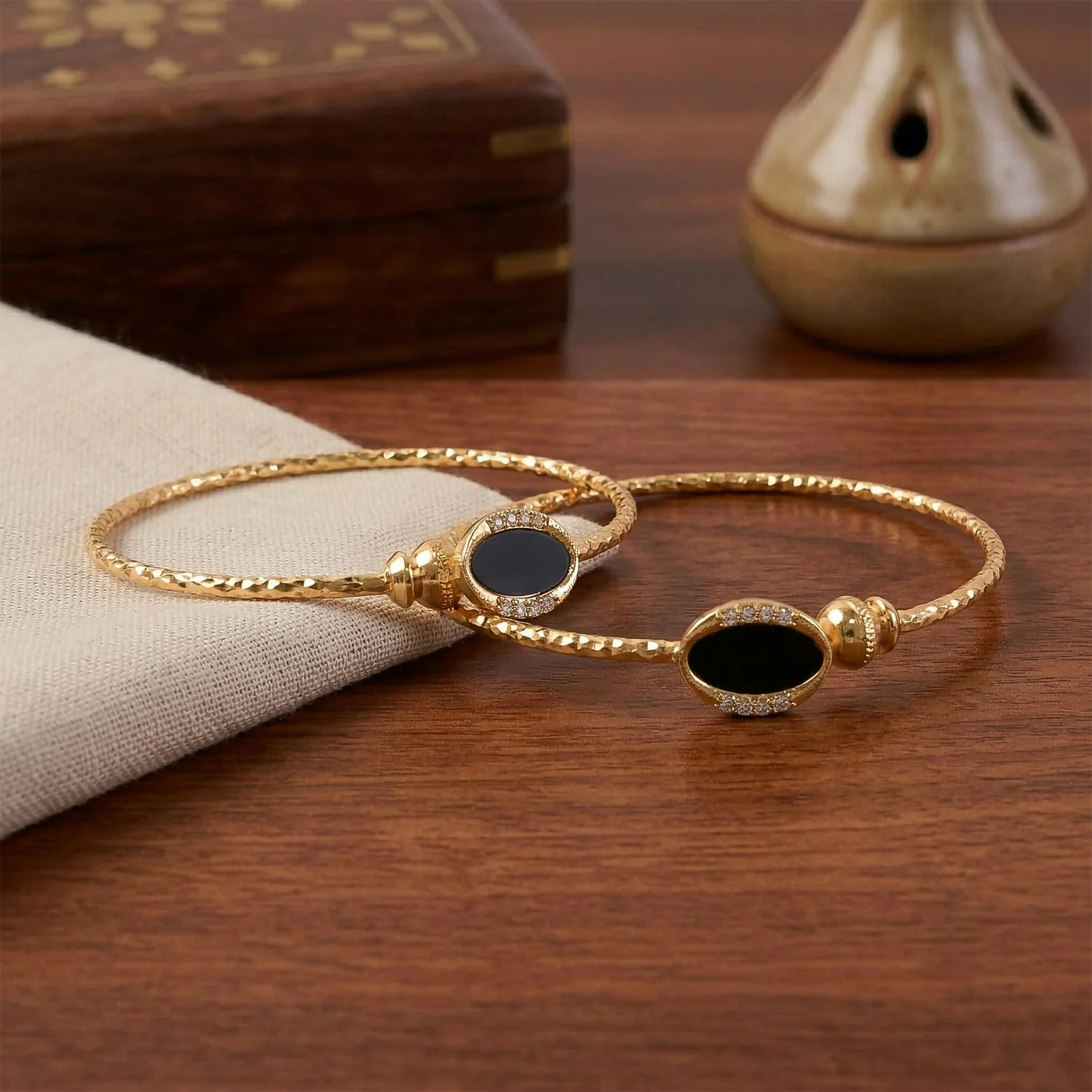 Black Stone Gold Plated Open Bangle Bracelet for Women - Image 2