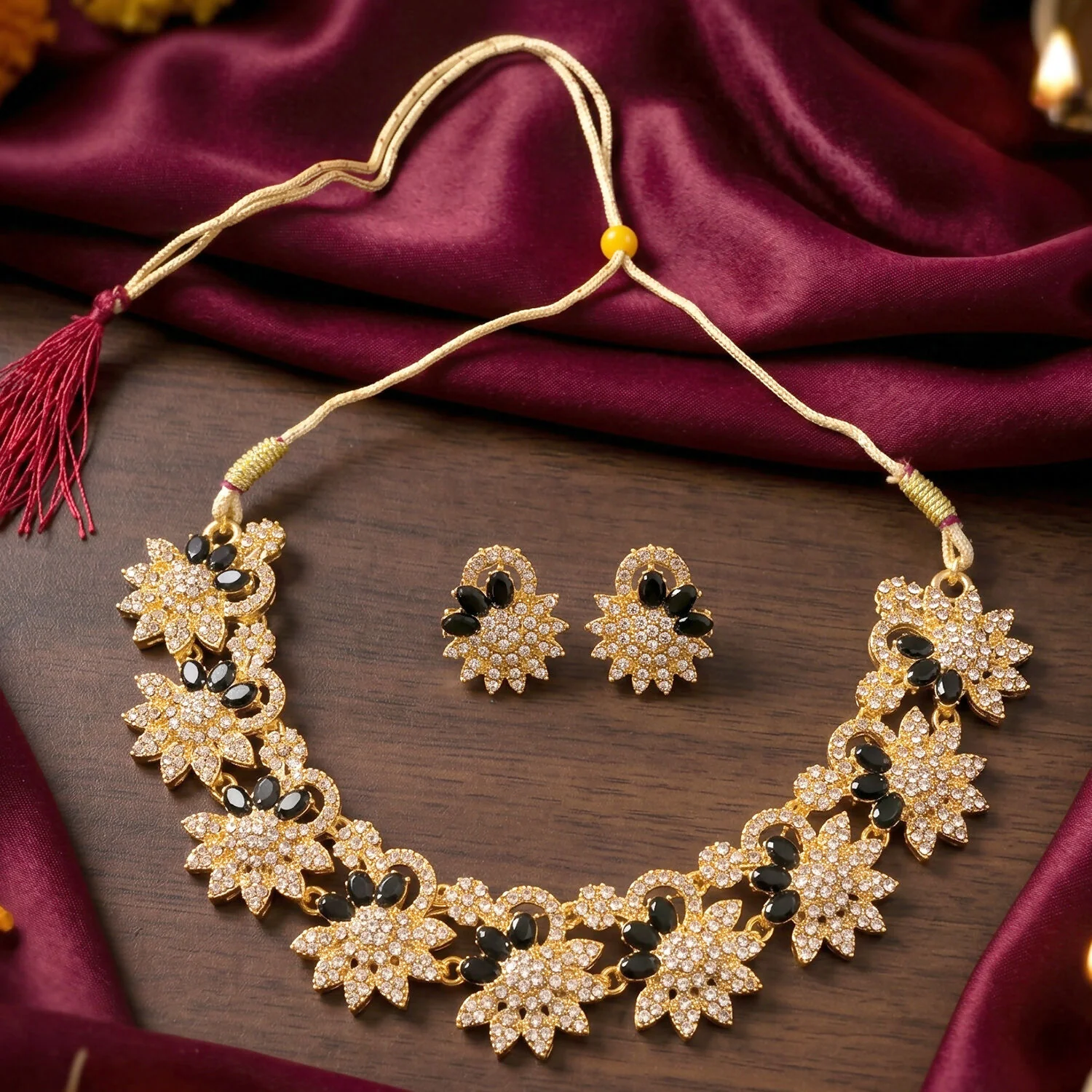 Title: Elegant Gold Plated Necklace & Earrings Set with Black Stones - Image 2