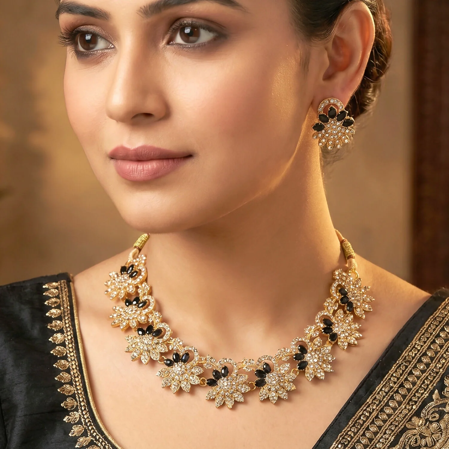 Title: Elegant Gold Plated Necklace & Earrings Set with Black Stones - Image 3
