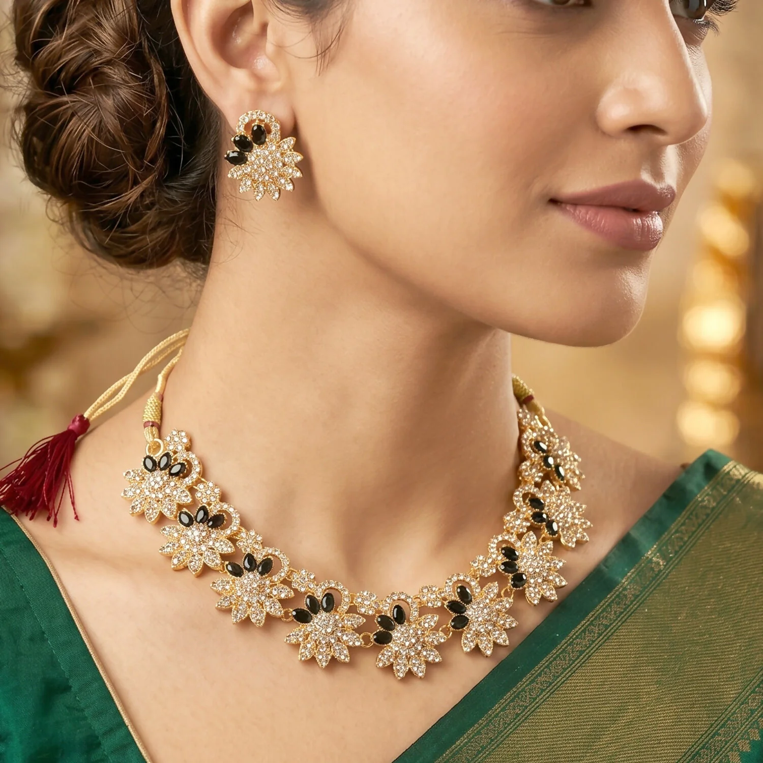 Title: Elegant Gold Plated Necklace & Earrings Set with Black Stones - Image 5