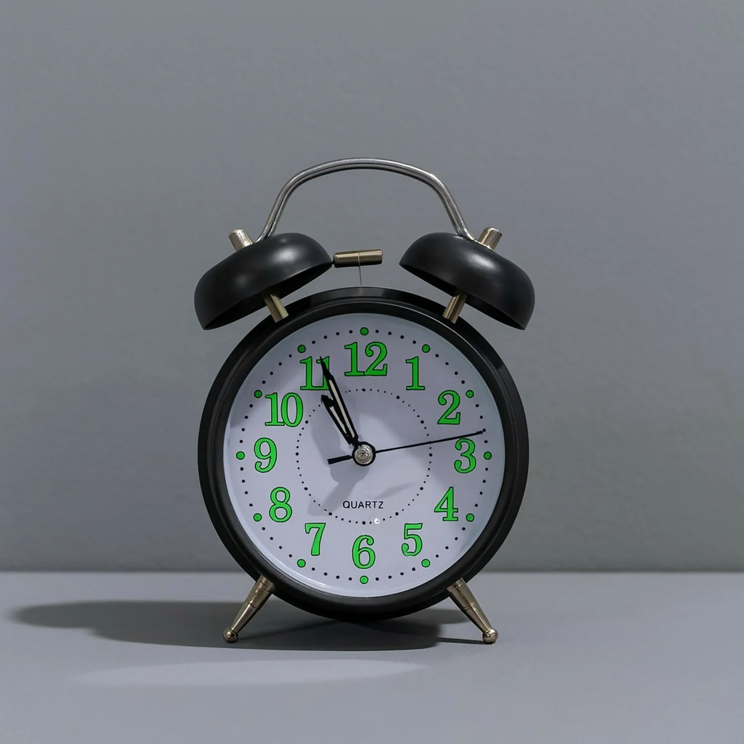 Black Twin Bell Alarm Clock – Loud Analog Desk Clock with Green Numbers - Image 2