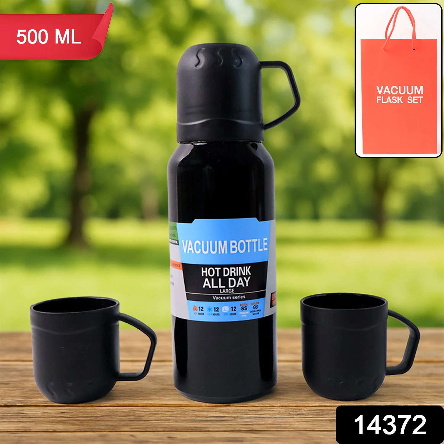 Black Vacuum Flask Set – Stainless Steel Thermos with 3 Cups, Approx 500ml - Image 2