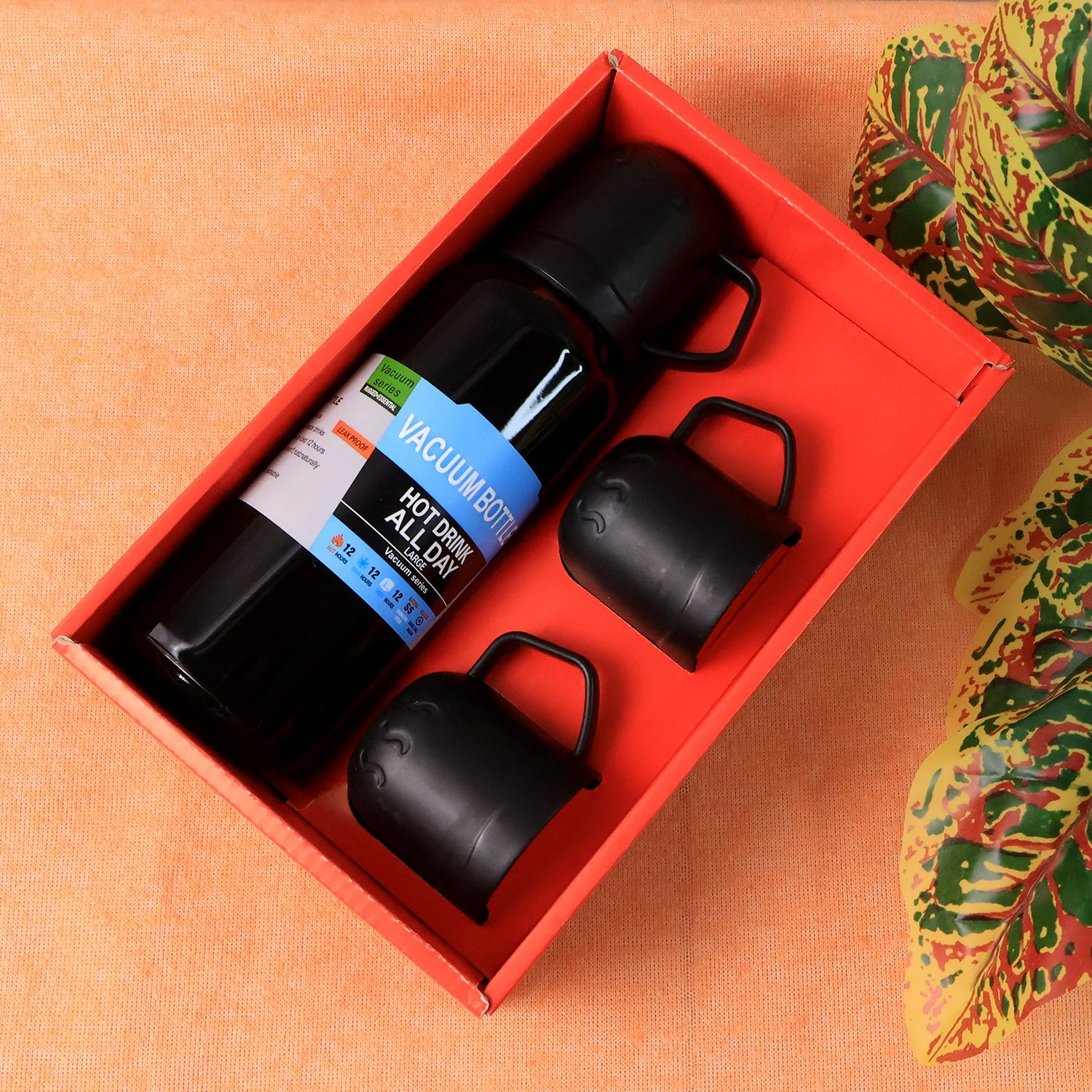 Black Vacuum Flask Set – Stainless Steel Thermos with 3 Cups, Approx 500ml - Image 6