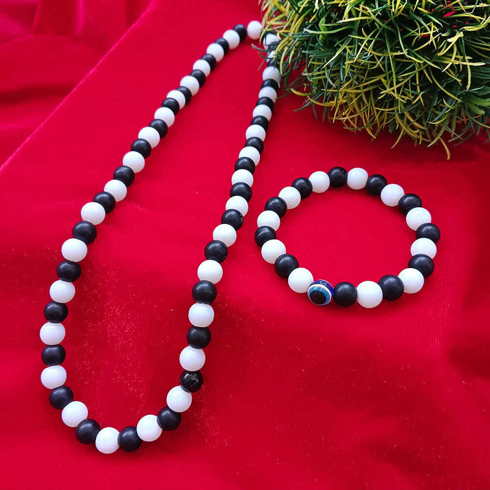 Black & White Beads Necklace & Evil Eye Bracelet Combo - Image 2