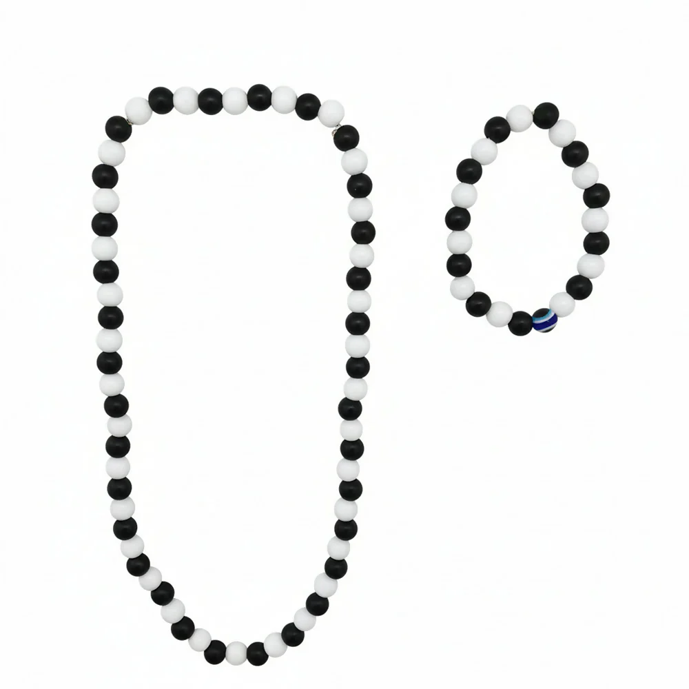 Black & White Beads Necklace & Evil Eye Bracelet Combo - Image 3