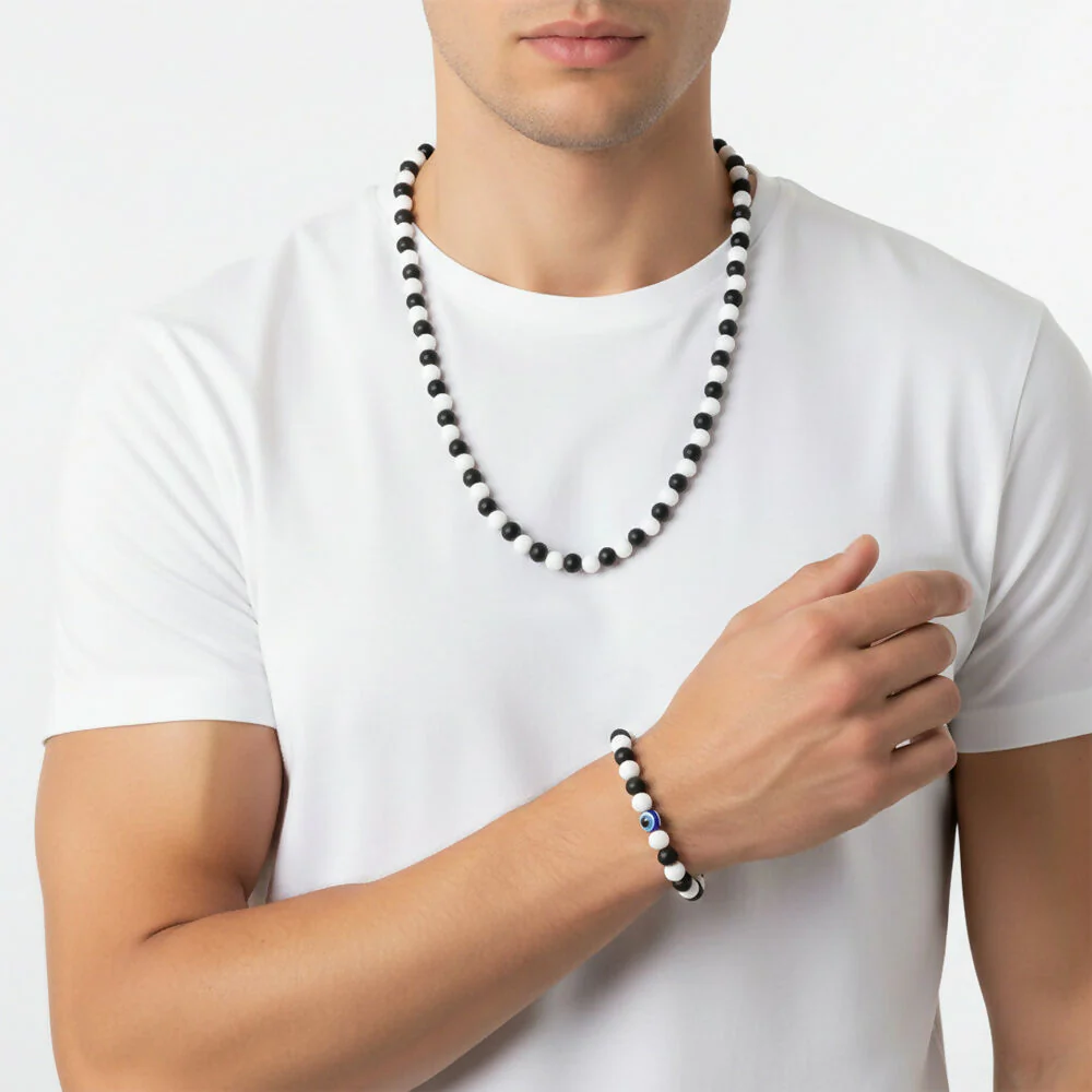 Black & White Beads Necklace & Evil Eye Bracelet Combo - Image 4
