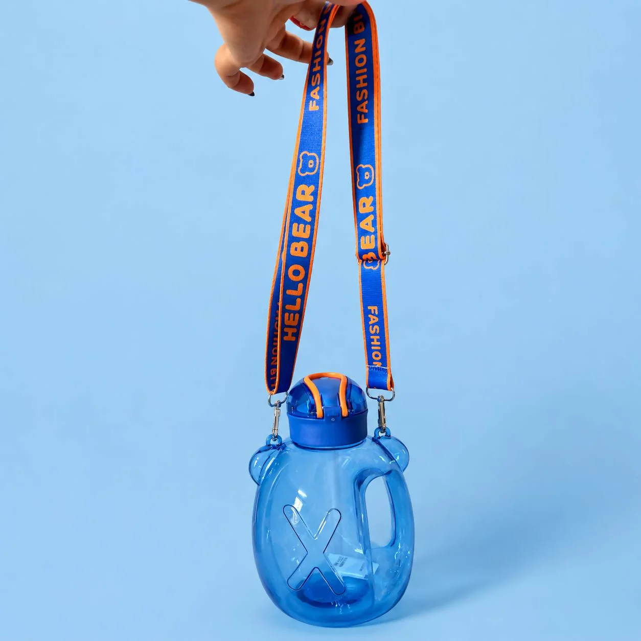 Blue 1200 ML Kids Bear Water Bottle with Straw & Adjustable Sling Strap - Image 2