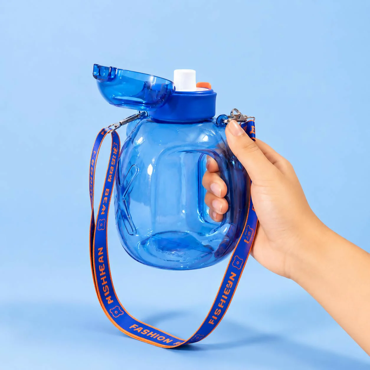 Blue 1200 ML Kids Bear Water Bottle with Straw & Adjustable Sling Strap - Image 3