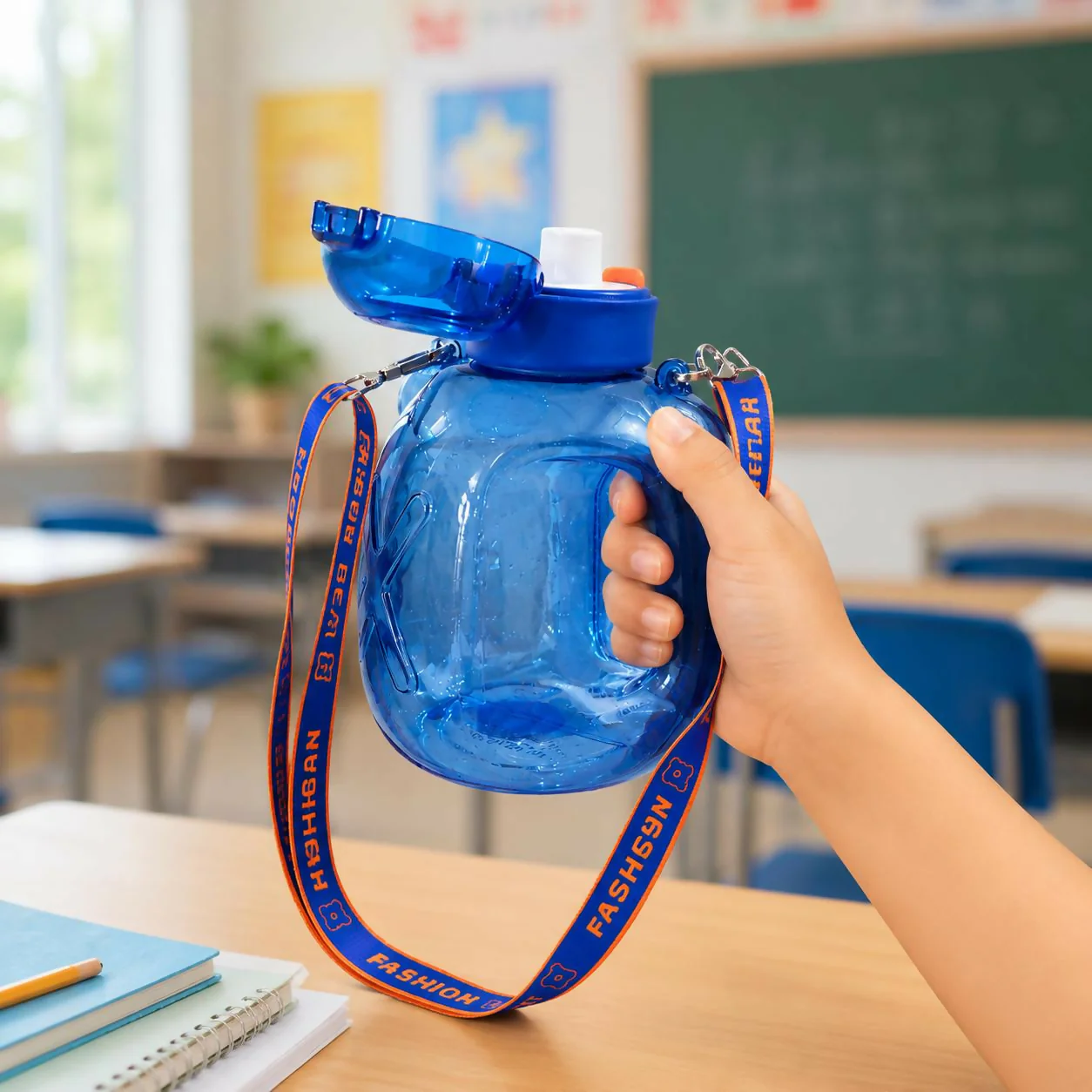 Blue 1200 ML Kids Bear Water Bottle with Straw & Adjustable Sling Strap - Image 4