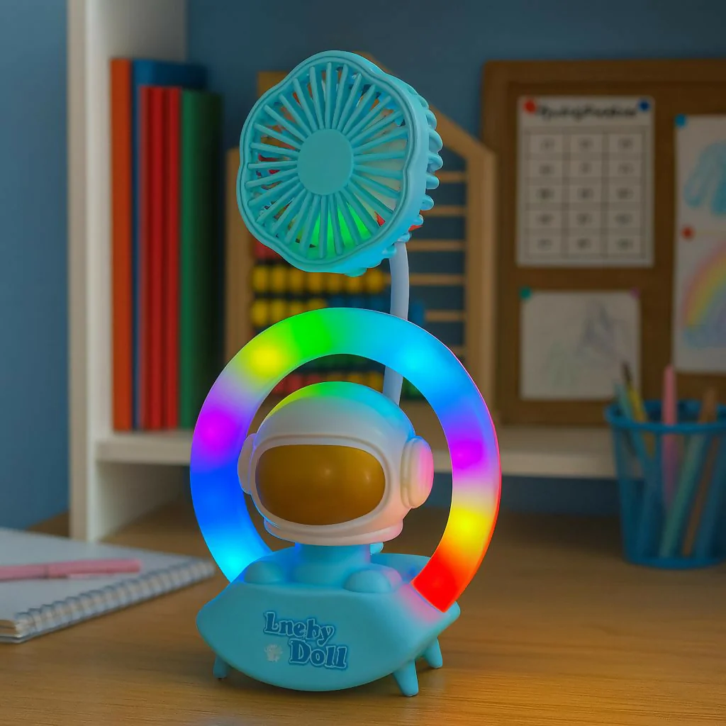 Blue Astronaut Desk Fan with LED Ring Light USB Table Lamp - Image 2