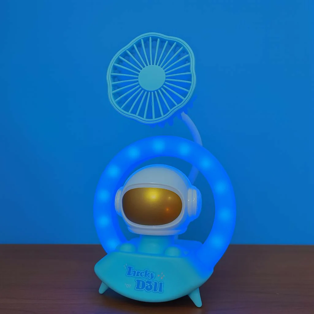 Blue Astronaut Desk Fan with LED Ring Light USB Table Lamp - Image 3
