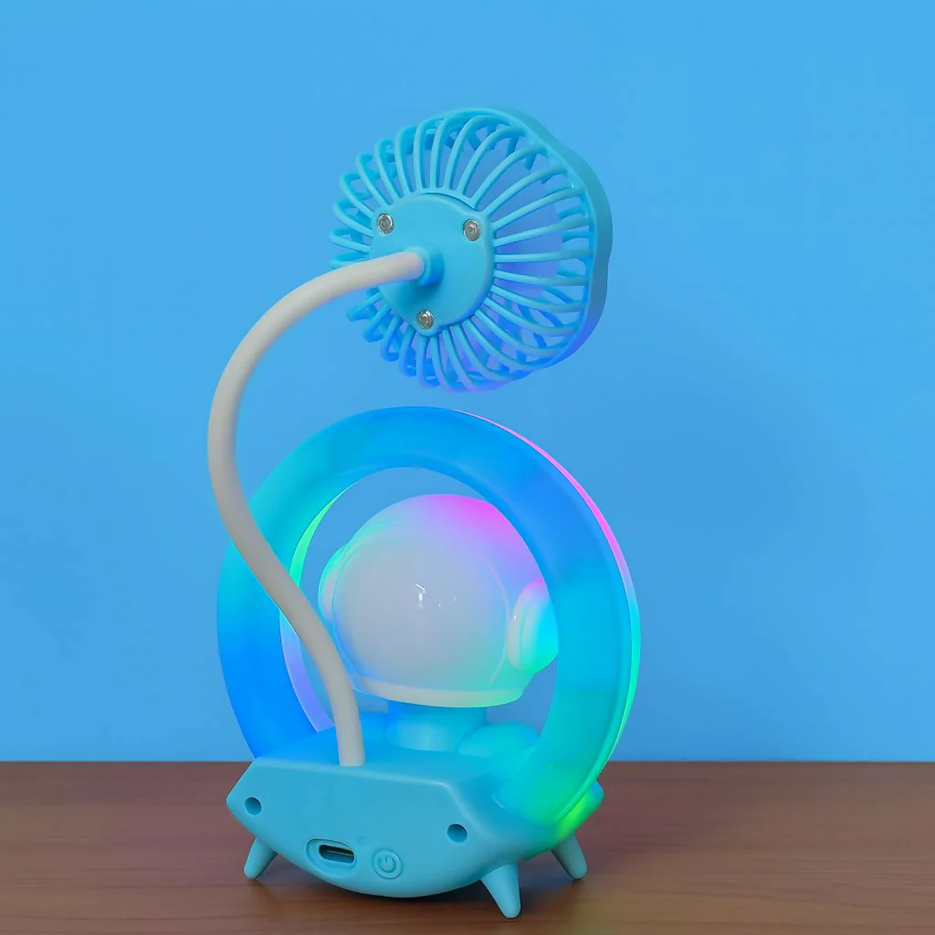 Blue Astronaut Desk Fan with LED Ring Light USB Table Lamp - Image 4