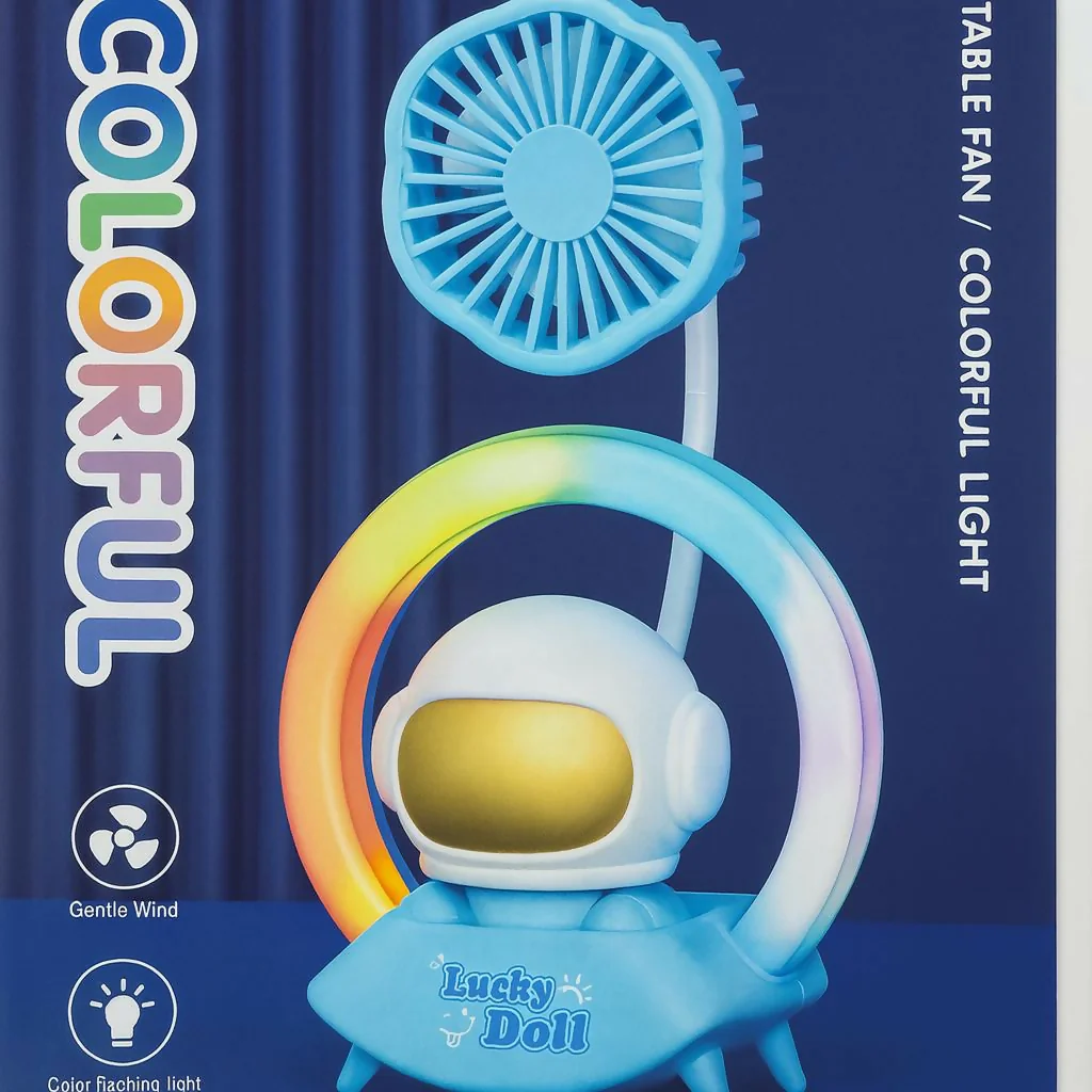 Blue Astronaut Desk Fan with LED Ring Light USB Table Lamp - Image 5