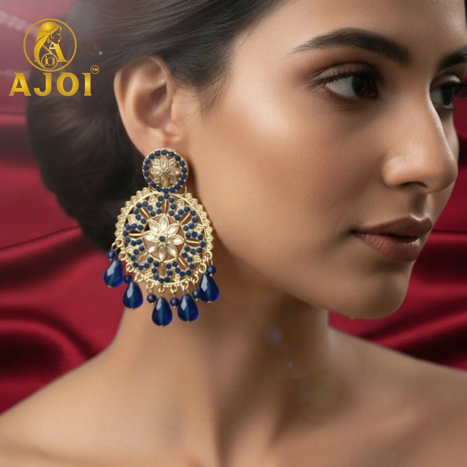 Blue Floral Statement Earrings - Image 2