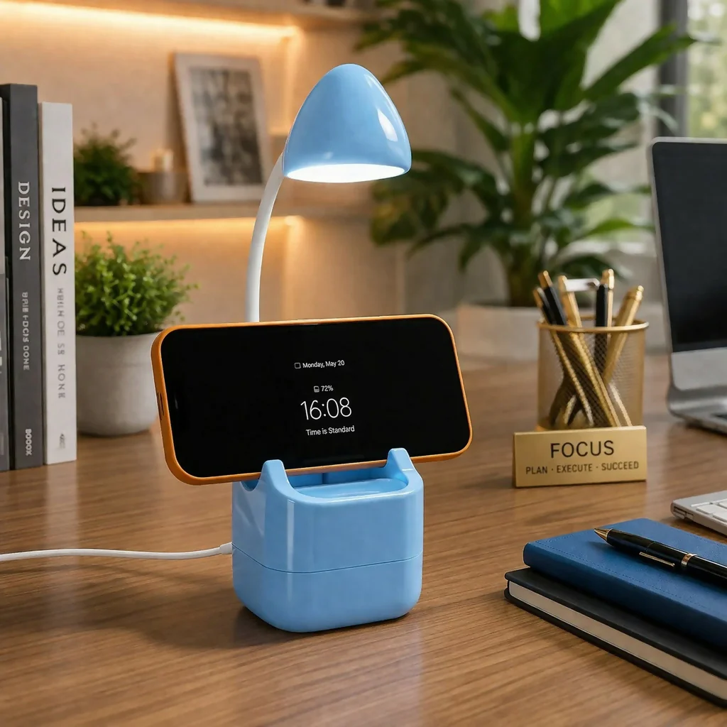Blue LED Desk Lamp with Mobile Stand & Pen Holder, Flexible Study Light - Image 2