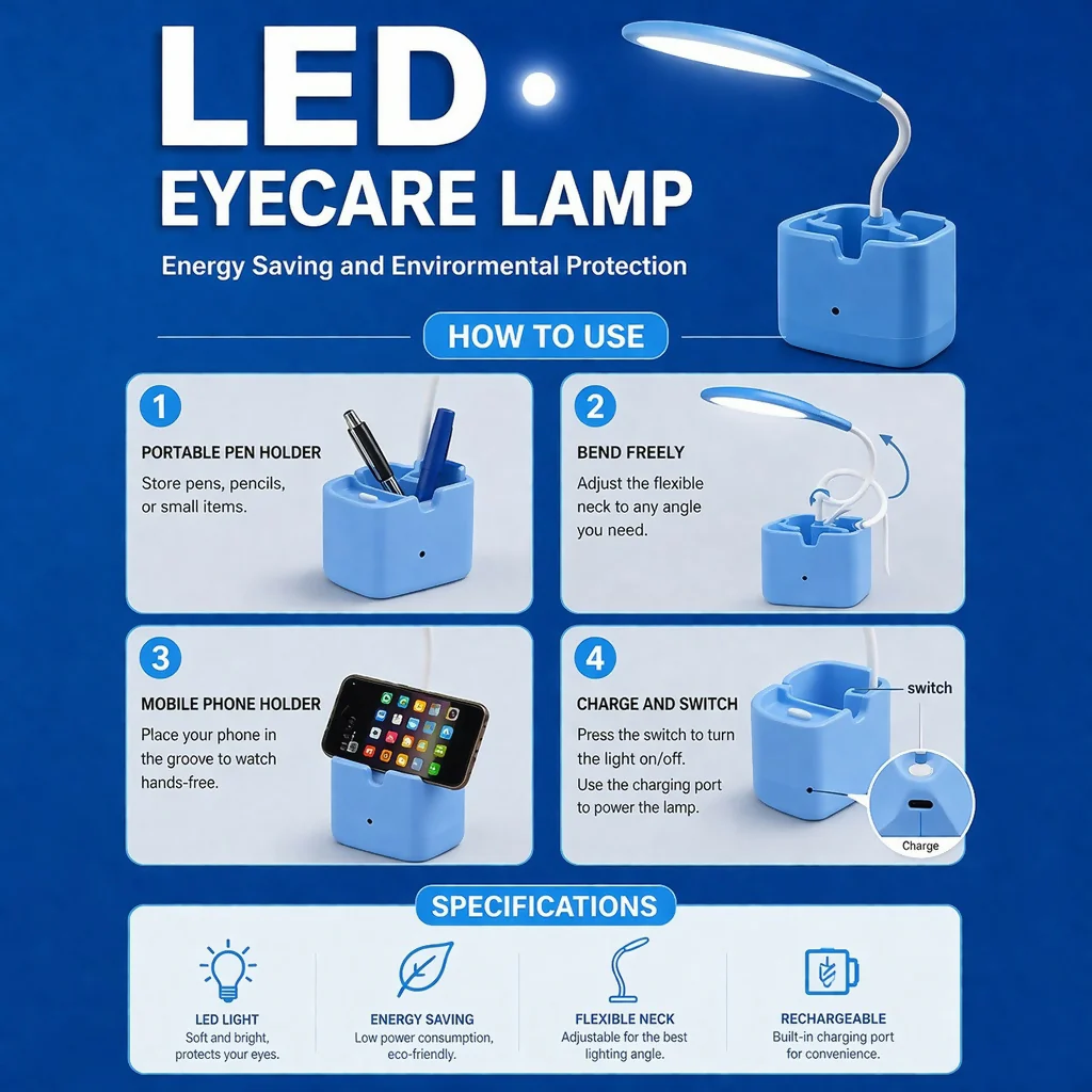 Blue LED Desk Lamp with Mobile Stand & Pen Holder, Flexible Study Light - Image 6