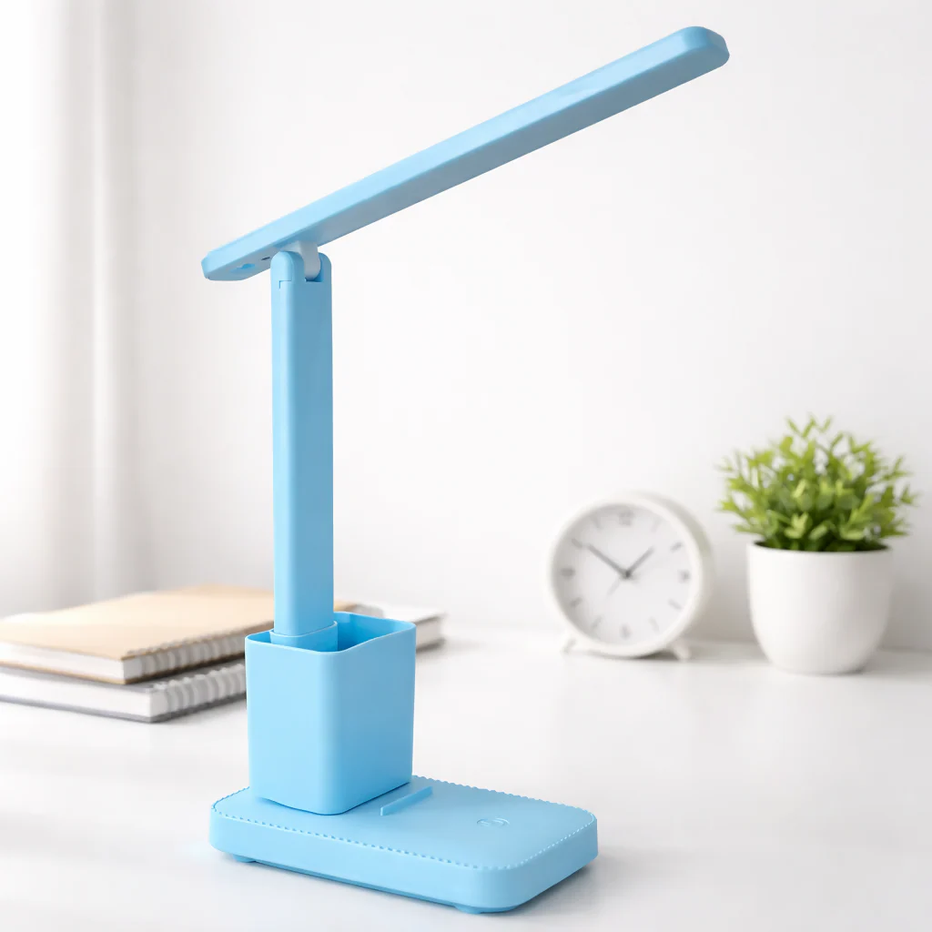 Blue LED Desk Lamp with Touch Control, Pen Holder & Adjustable Arm for Study - Image 3