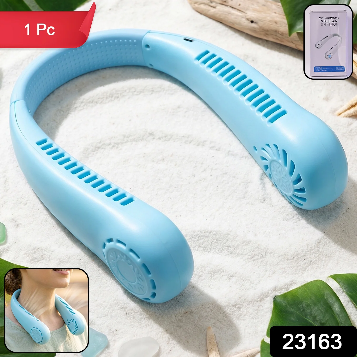 Portable Rechargeable Neck Fan (1 Pc, Blue Color) - Image 2