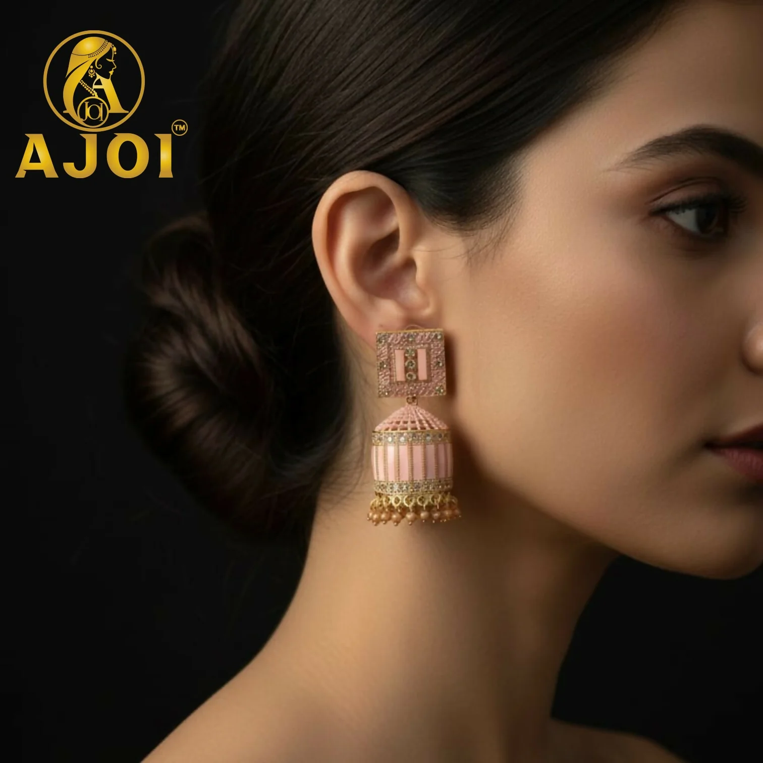 Blush Pink Designer Earrings with Elegant Stone Detailing and Drop Finish - Image 2